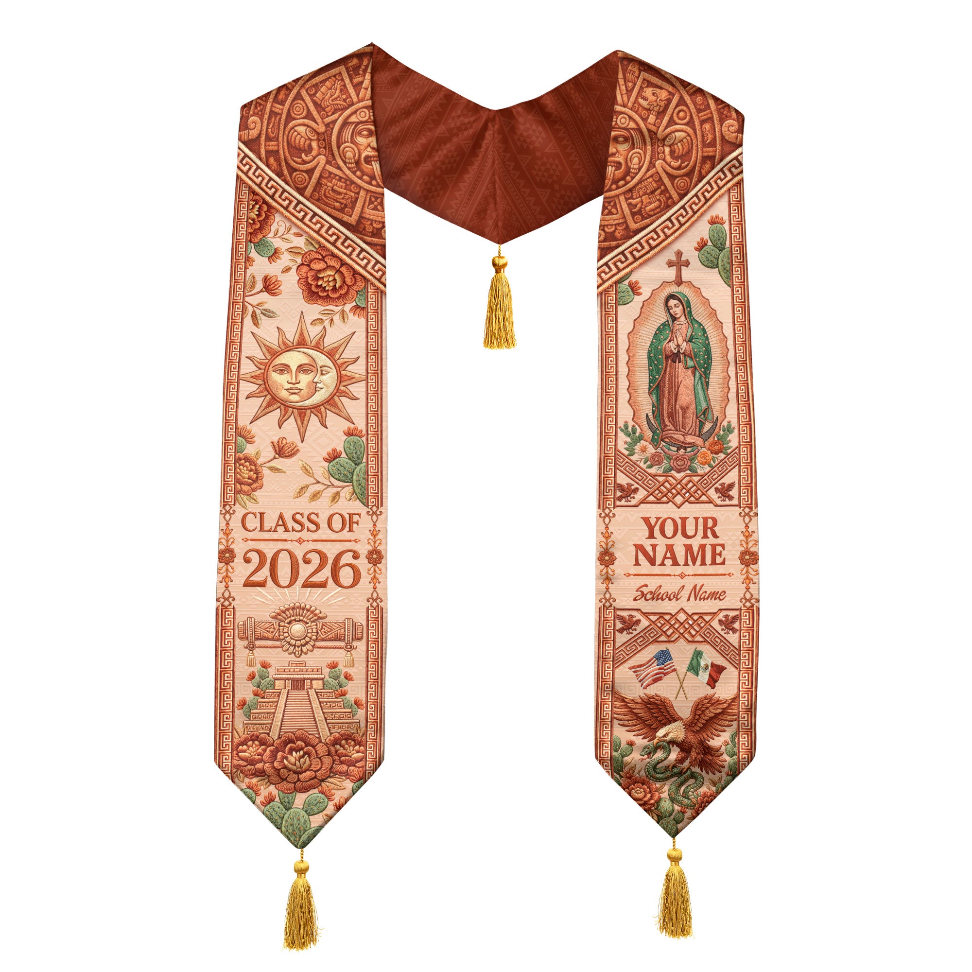 Personalized Mexico Graduation Stole 2026 Tassels Virgin Mary Terracotta Aztec Sash