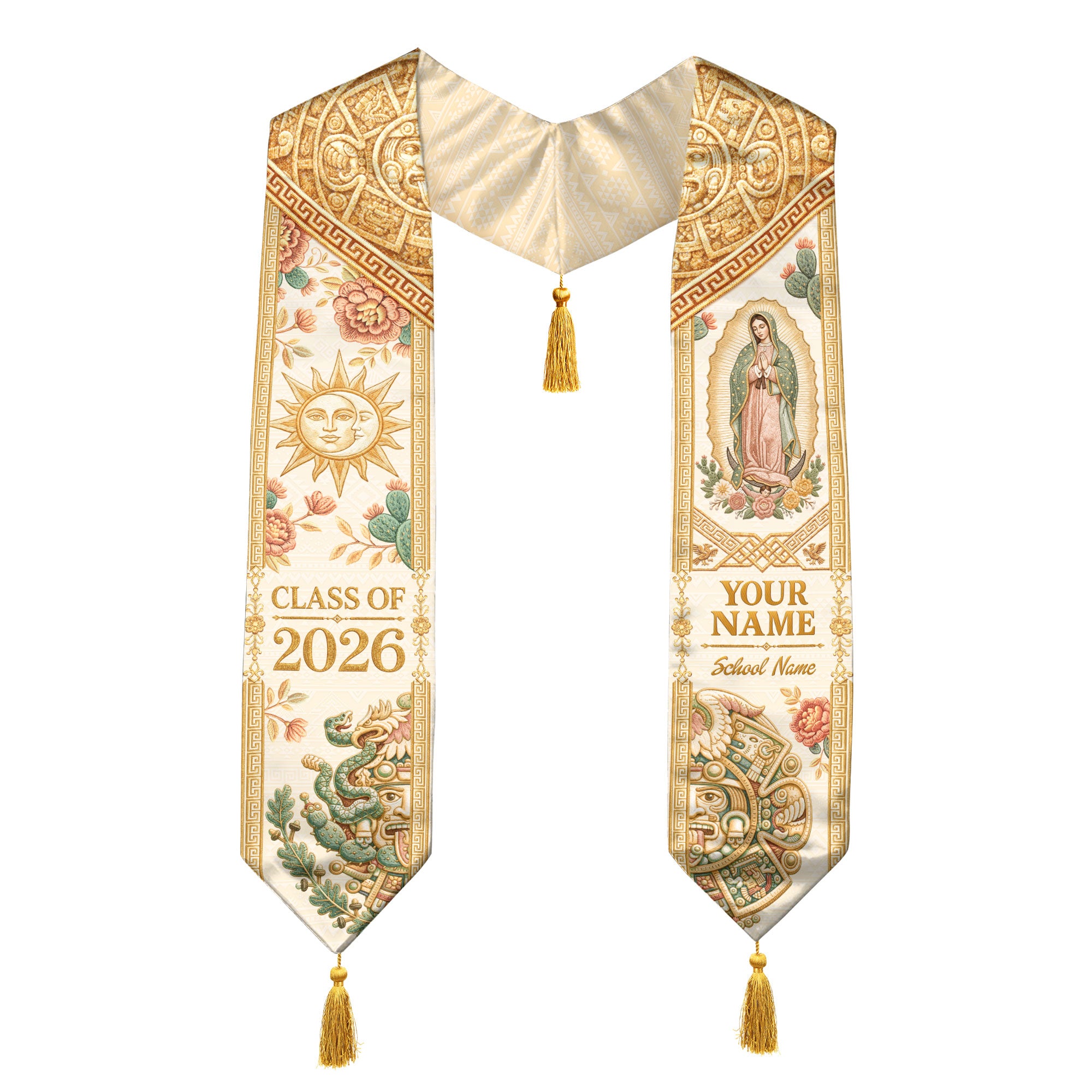 Custom Mexico Graduation Stole 2026 Tassels Virgin Mary Ivory Aztec Gold Sash