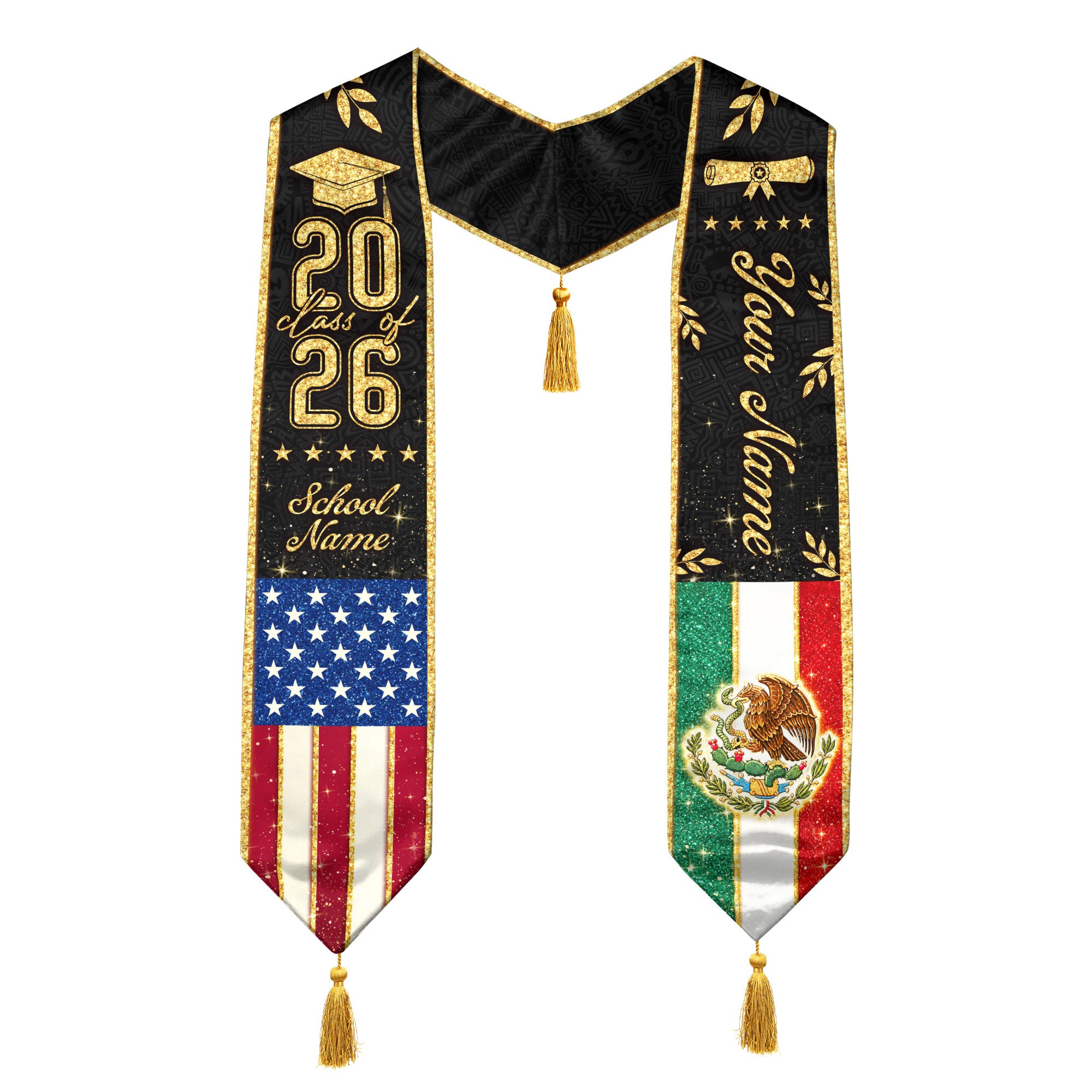 Personalized Mexico USA Golden Tassels Edition Class of 2026 Graduation Stole