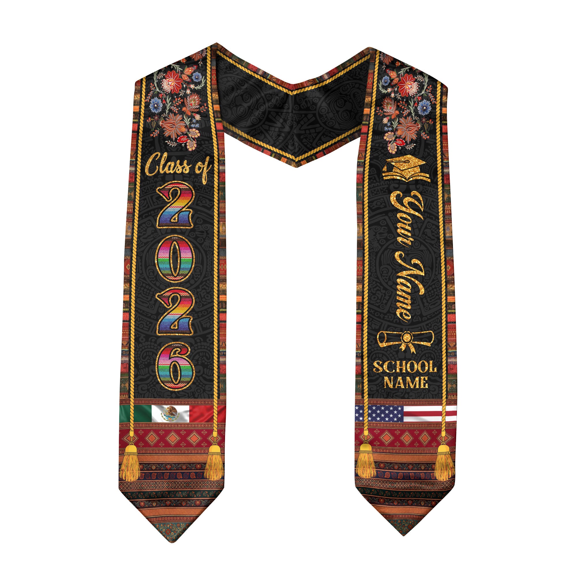 Custom Mexican American Grad Stole Class of 2026 Embroidered Style Graduation Sash