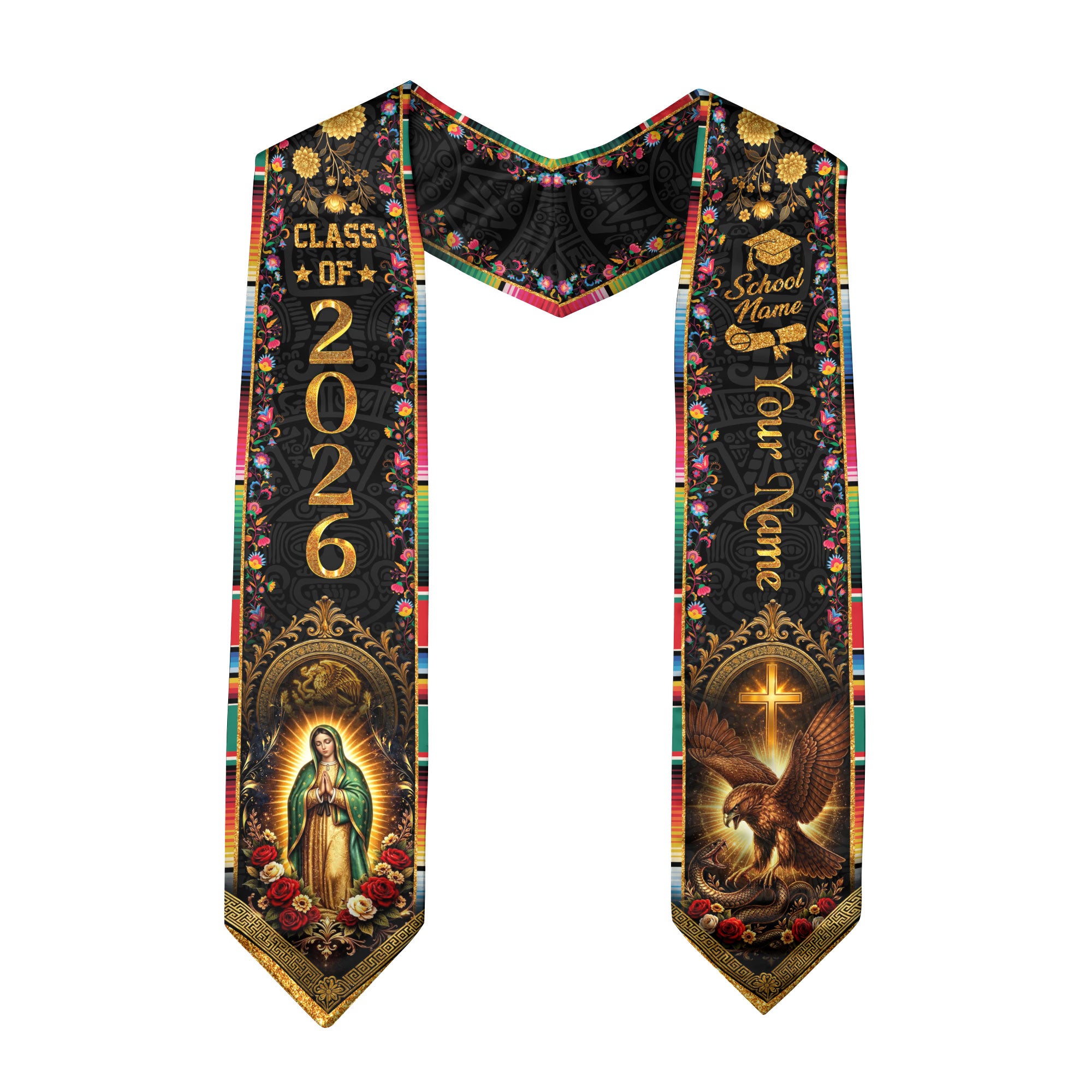 Mexico Graduation Stole Custom Class of 2026 Virgin Mary Aztec Eagle Serape Sash