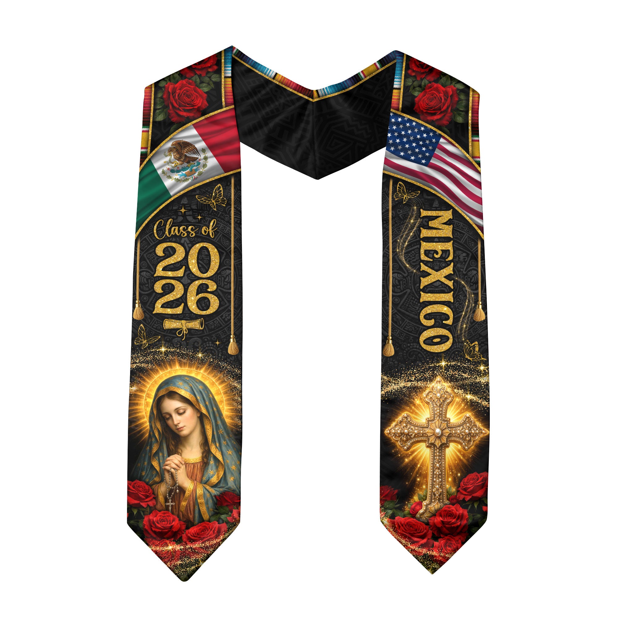 Mexico Graduation Stole Class of 2026 Virgin Mary Guadalupe Cross Serape Mexican Flag