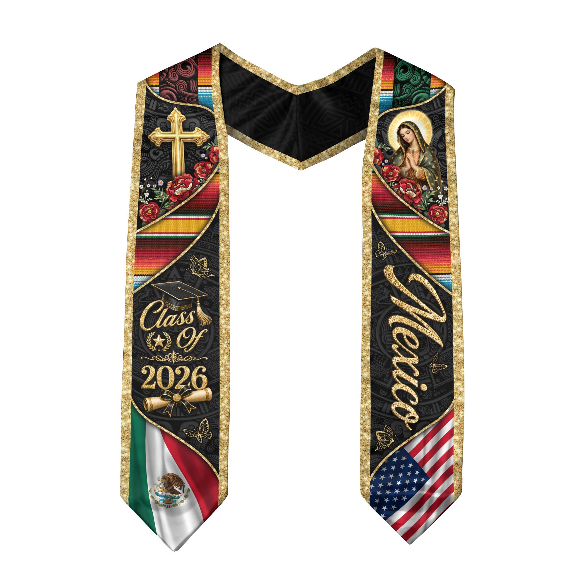 Mexico Stole Graduation 2026 Virgin Mary Cross Gold Glitter Mexican USA Flag Serape