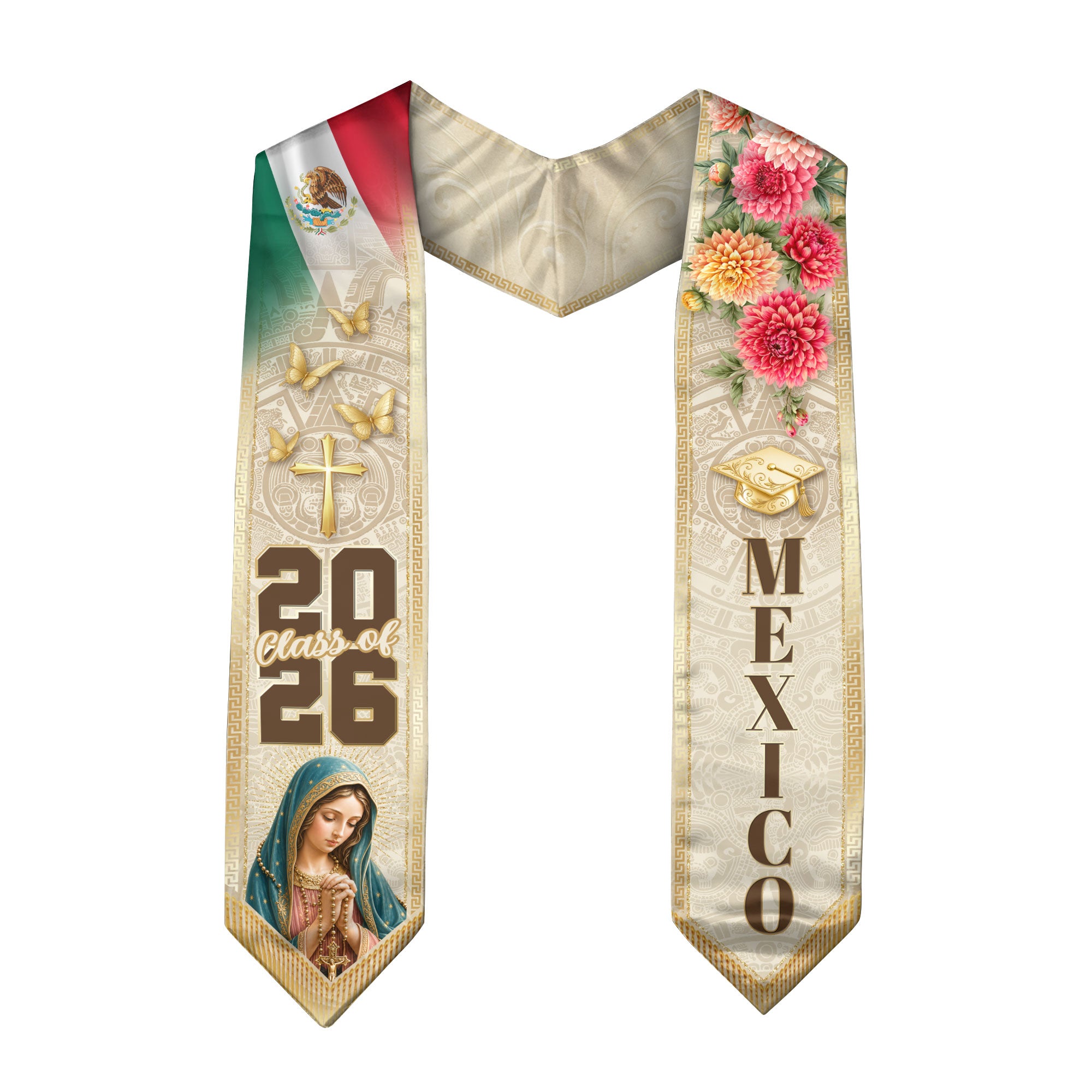 Mexico Graduation Stole Class of 2026 Virgin Mary Cross Cream Floral Dahlia Mexican Flag