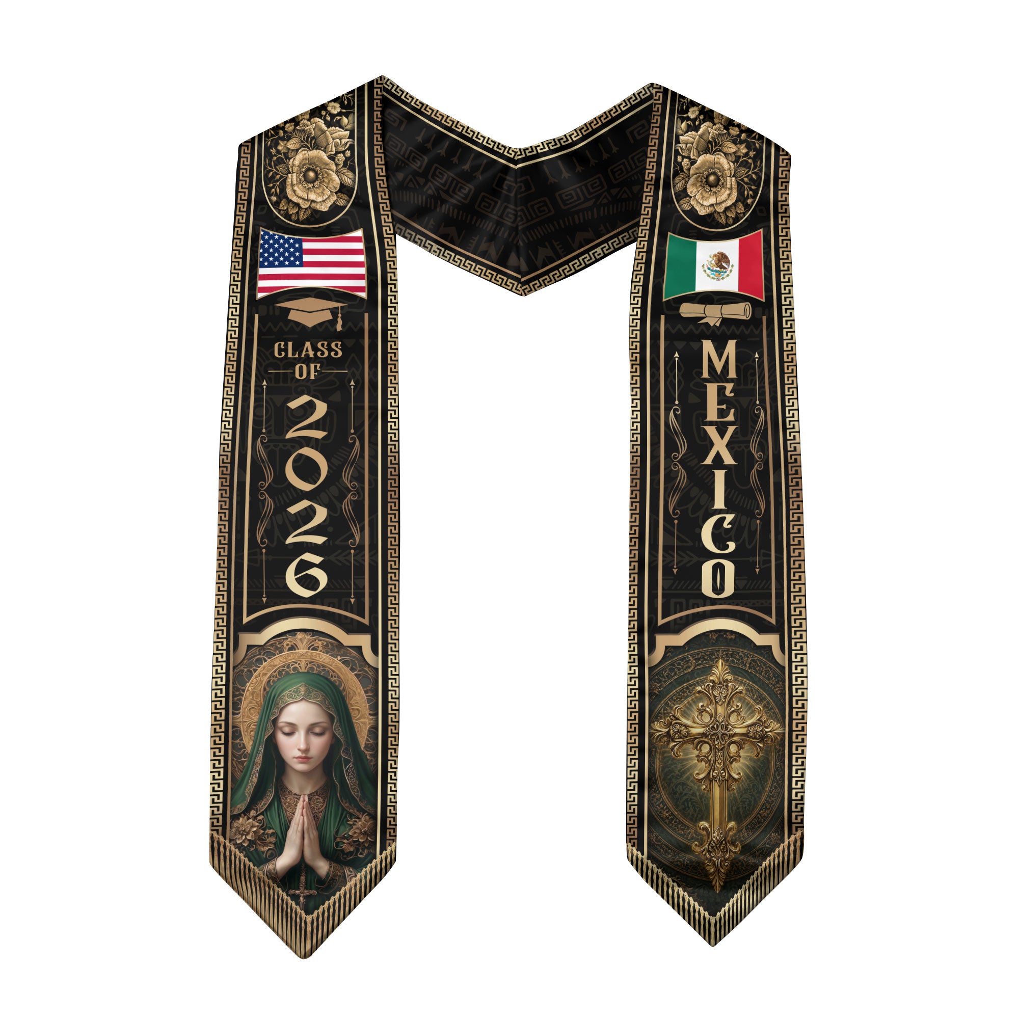 Mexico Graduation Stole Class of 2026 Virgin Mary Cross Gold Black Mexican USA Flag Sash