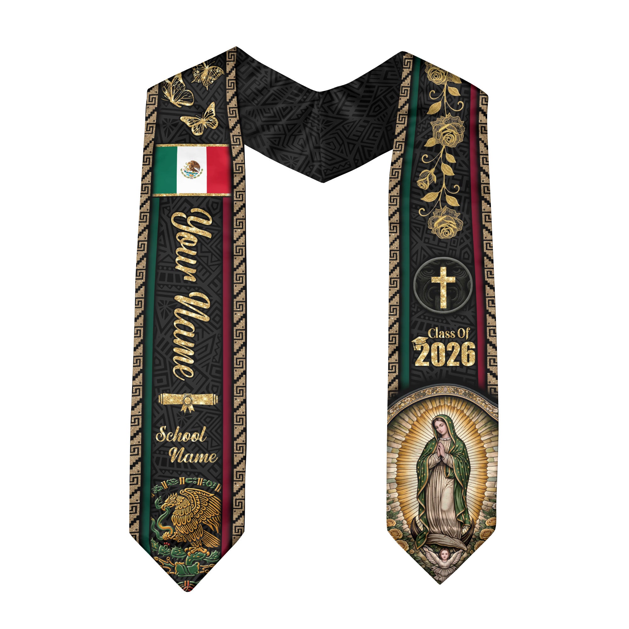 Mexico Graduation Stole 2026 - Personalized Virgin Mary Rose Butterfly Gold Sash