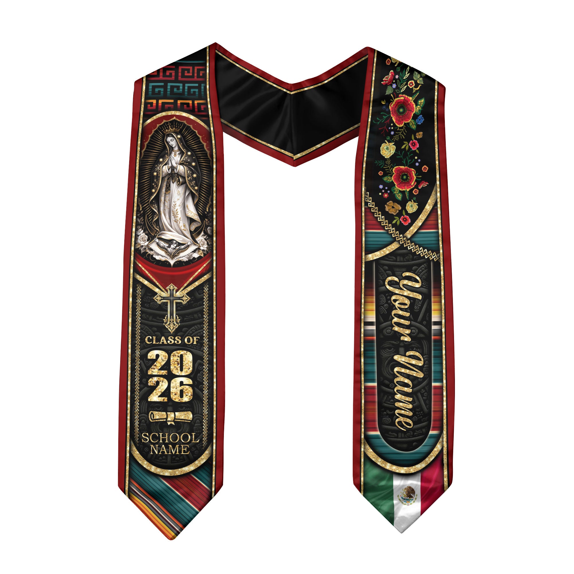 Mexican Heritage Graduation Stole 2026 - Custom Name Floral Embroidered Virgin Mary Sash