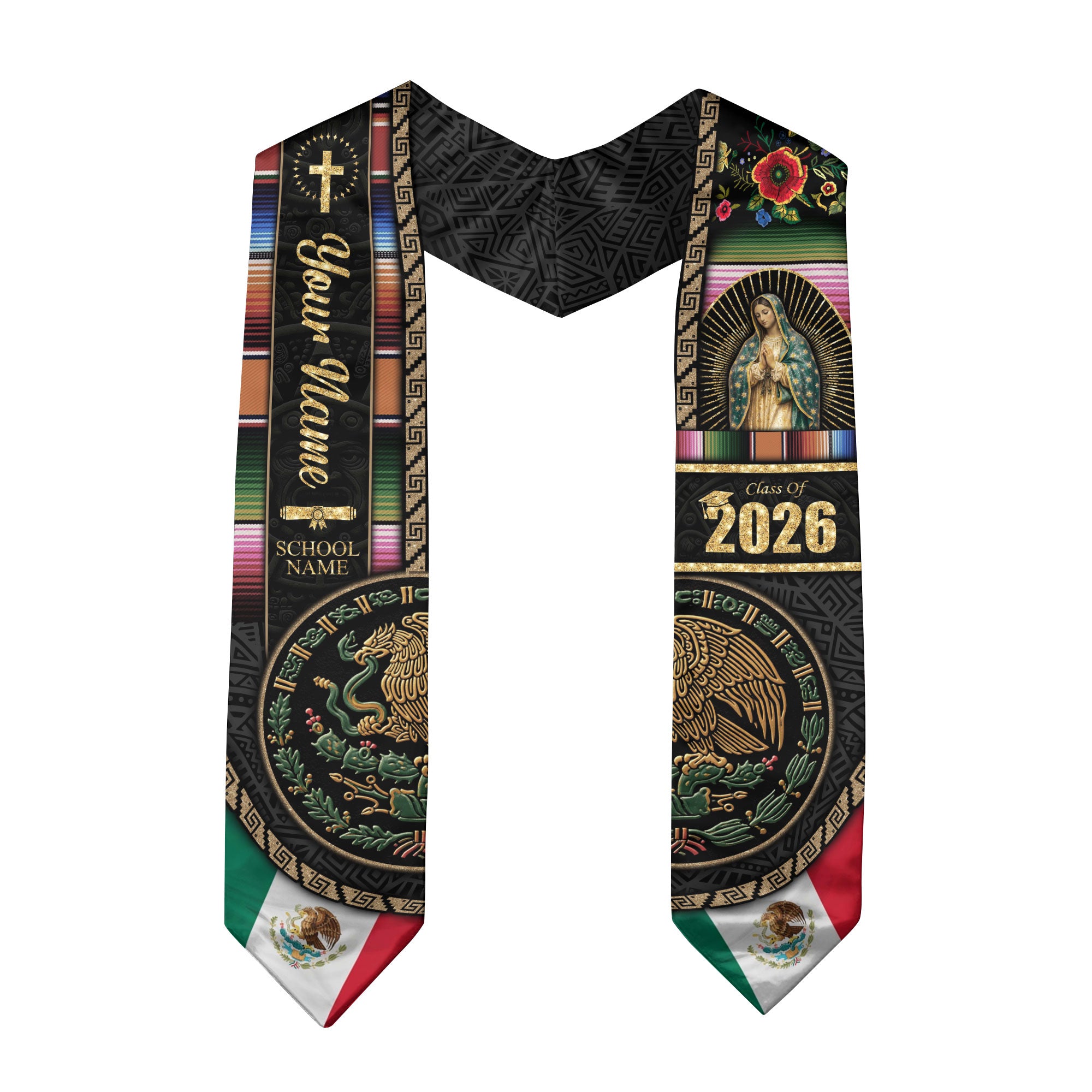 Mexican Flag Graduation Stole 2026 - Personalized Name School Eagle Serape Sash