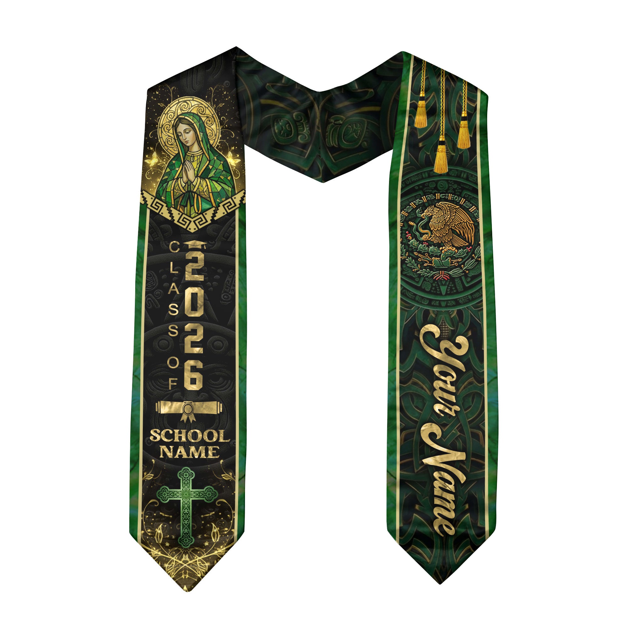 Mexican Heritage Graduation Stole 2026 - Custom Name Green Gold Virgin Mary Cross Sash