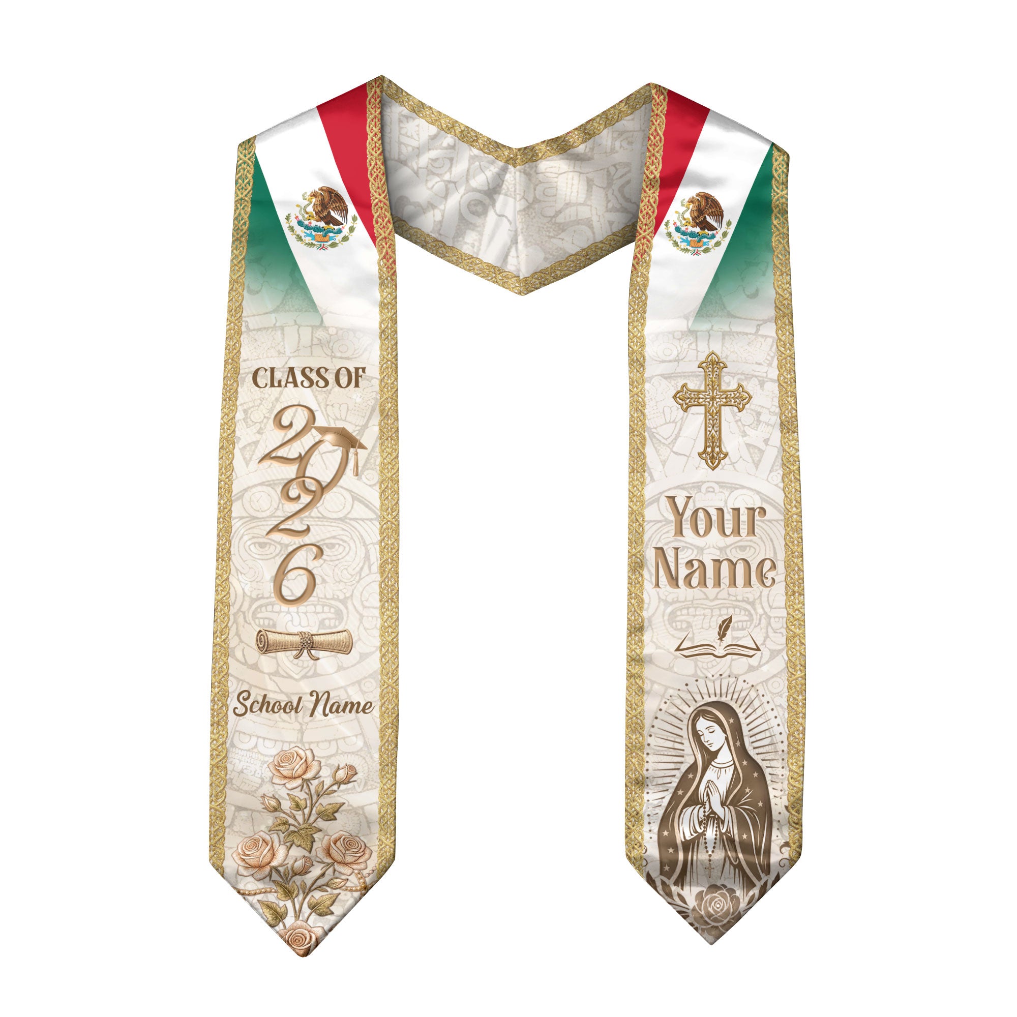 Mexico Graduation Stole Class of 2026 - Custom Name School Rose Virgin Mary