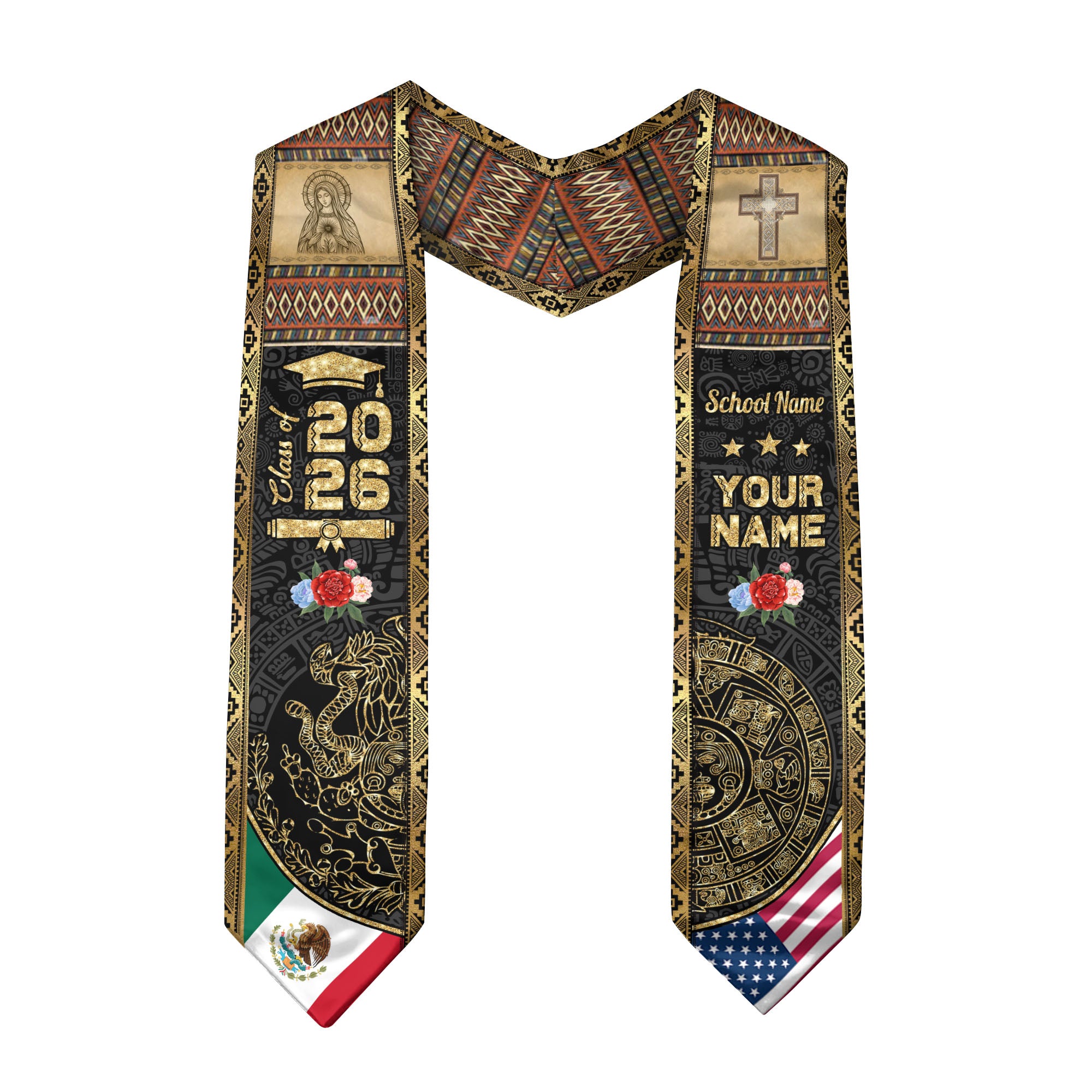 Mexico Graduation Stole 2026 Aztec Calendar Virgin Mary Personalized Sash Gift