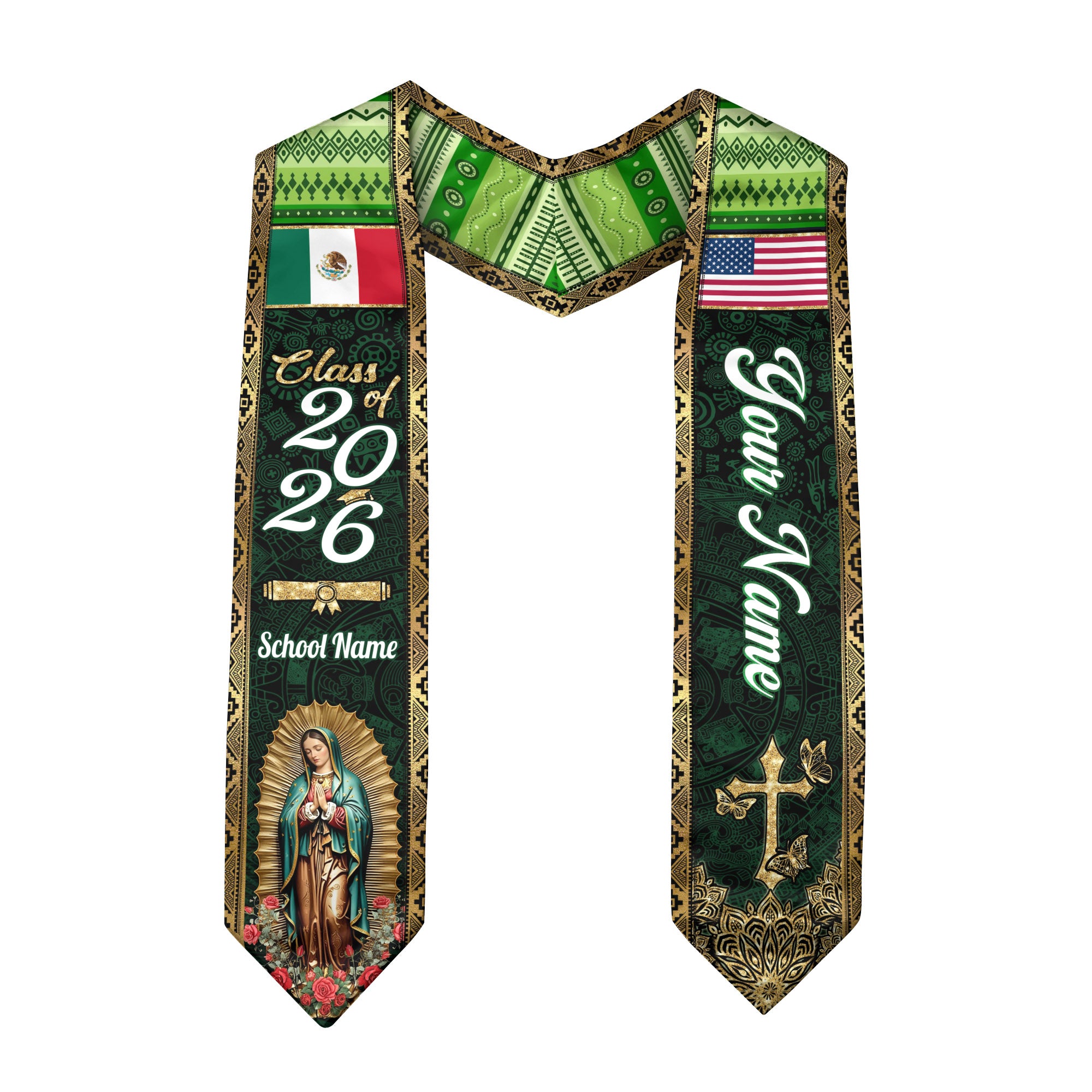 Mexico Graduation Stole 2026 Emerald Green Virgin Mary Personalized Mexican Sash