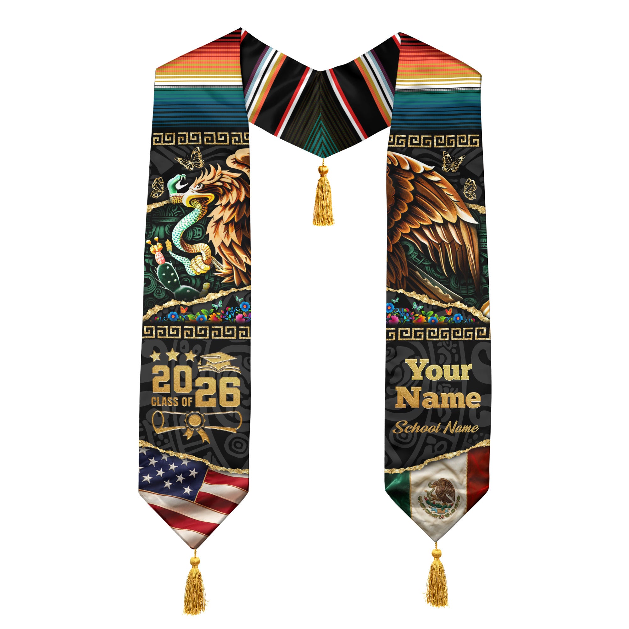 Custom Aztec Eagle Mexico Graduation Stole Tassel Class of 2026 Mexican American Sash