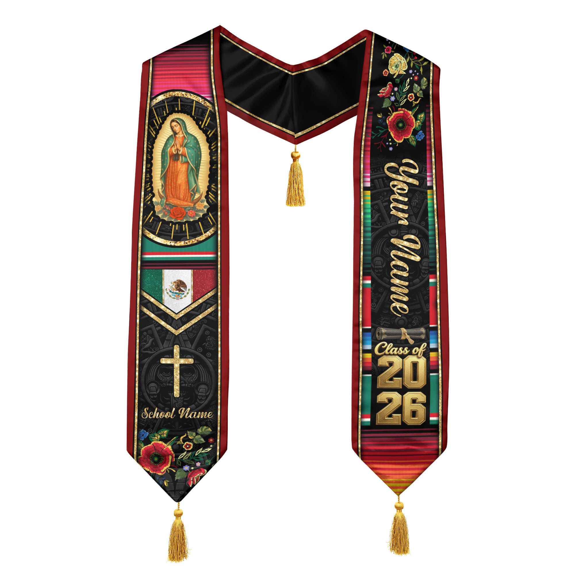 Custom Our Lady of Guadalupe Graduation Stole Tassel Class of 2026 Mexico Burgundy Sash