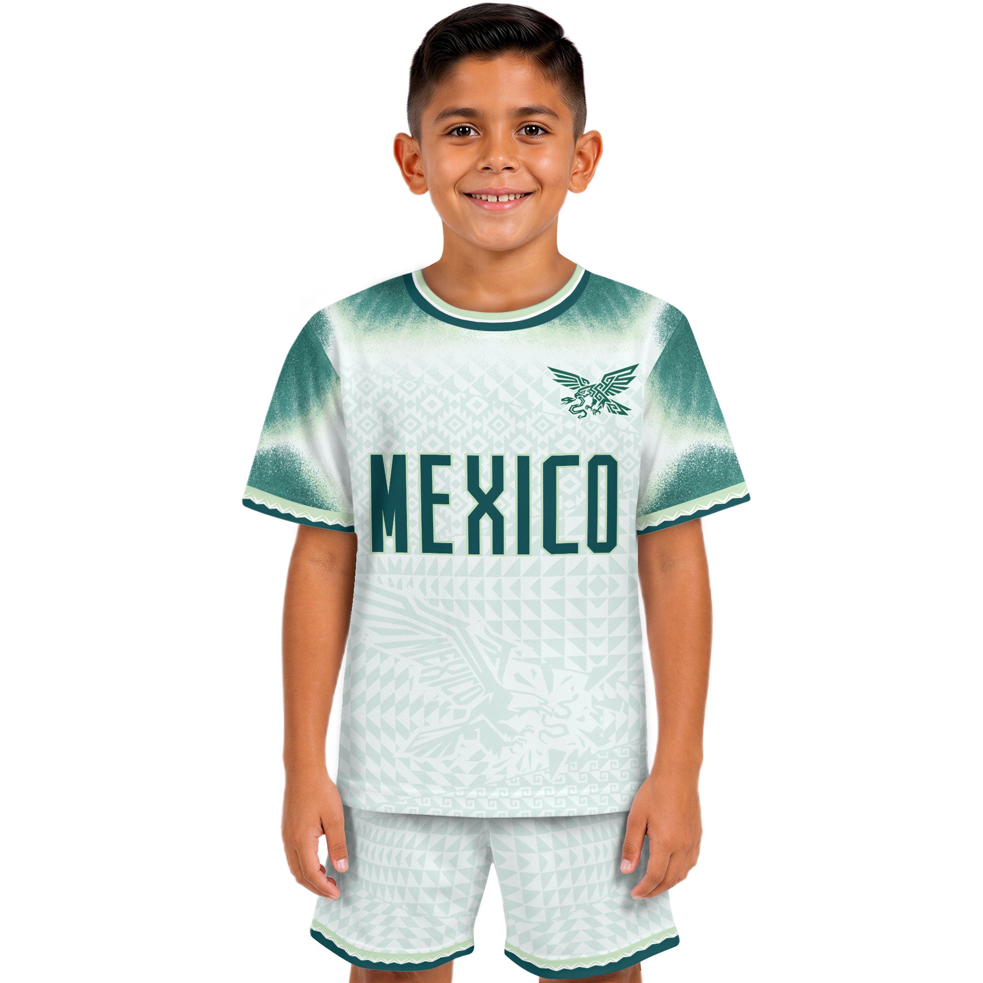 Mexico Soccer Jersey Kids Aztec Eagle Pattern White Youth Football Shirt Fan Sportswear