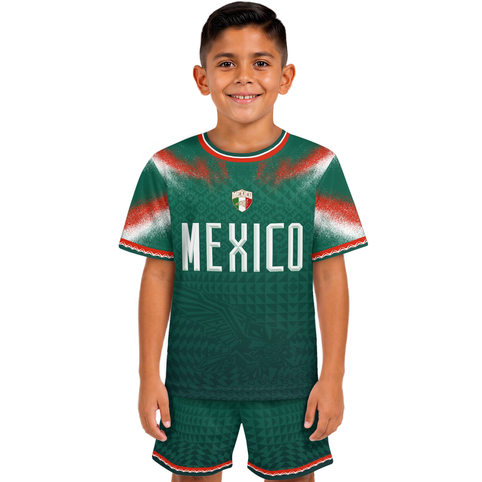 Mexico Soccer Jersey Kids Aztec Pattern Tricolor Green Youth Football Shirt Fan Tee