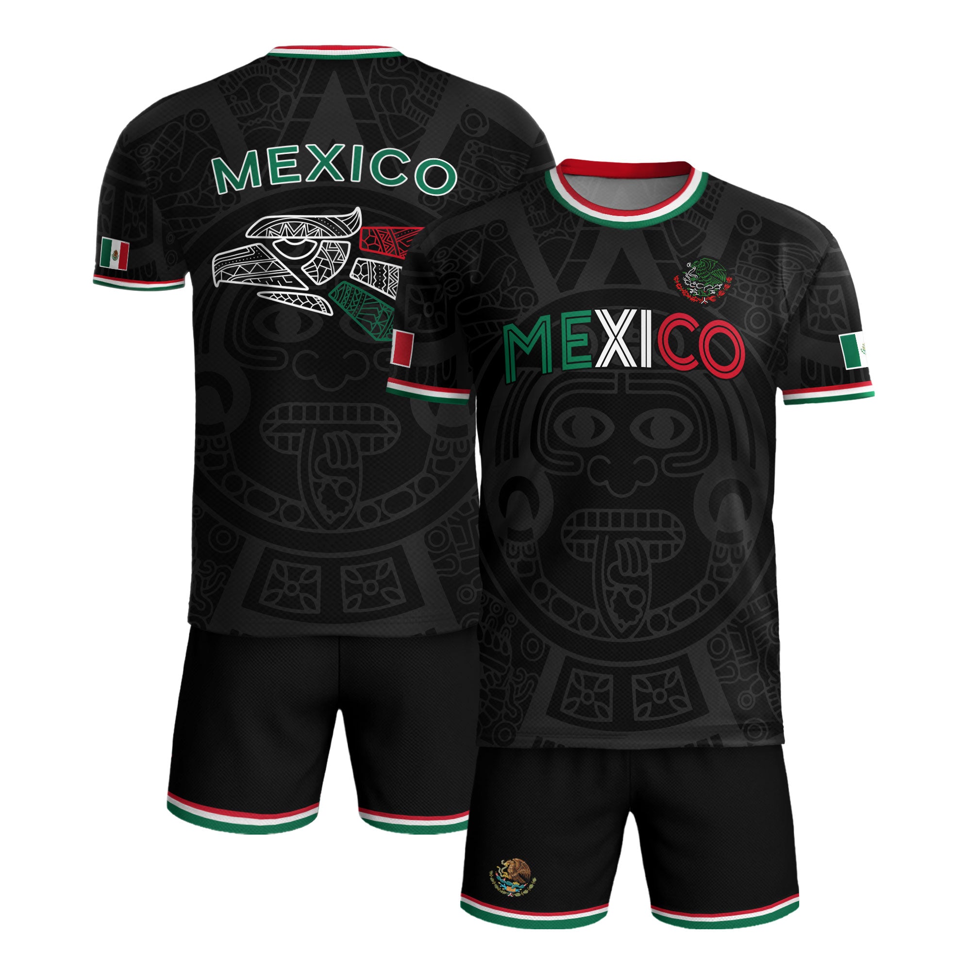 Soccer Jersey Mexico Black Aztec Pattern with Tricolor Accents