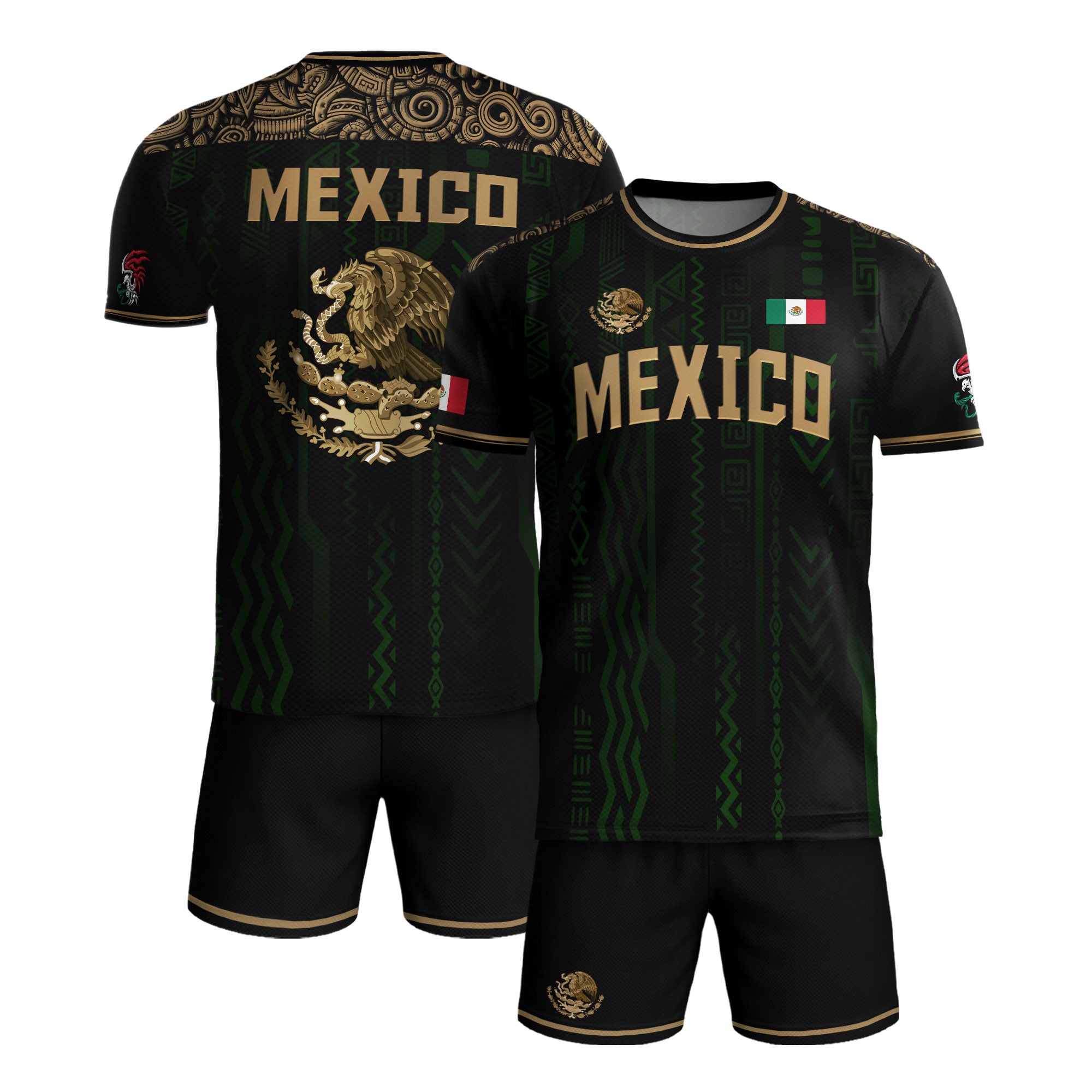 Mexico Soccer Jersey Black & Gold Aztec Design