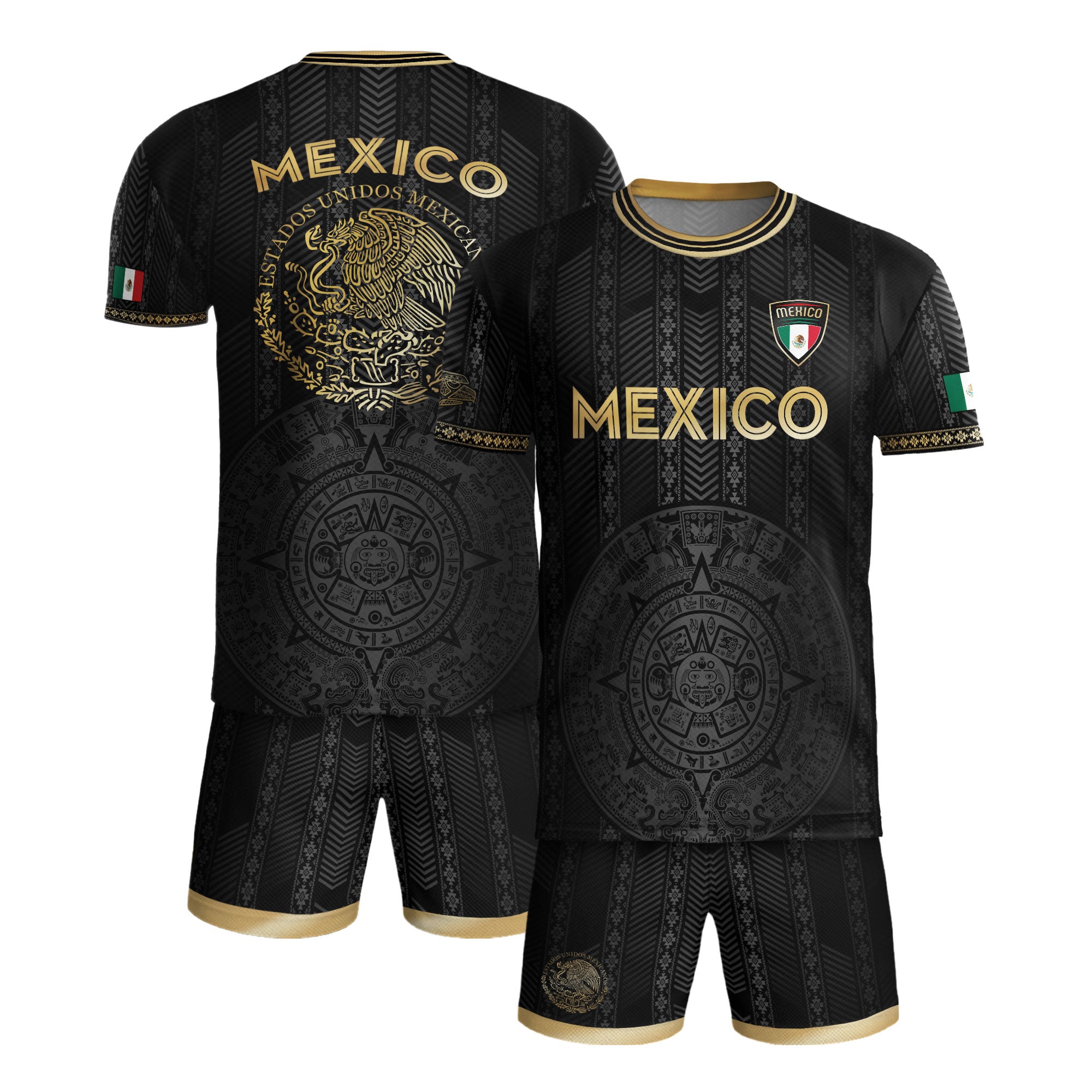 Mexico Soccer Jersey Black Gold Aztec Calendar Design