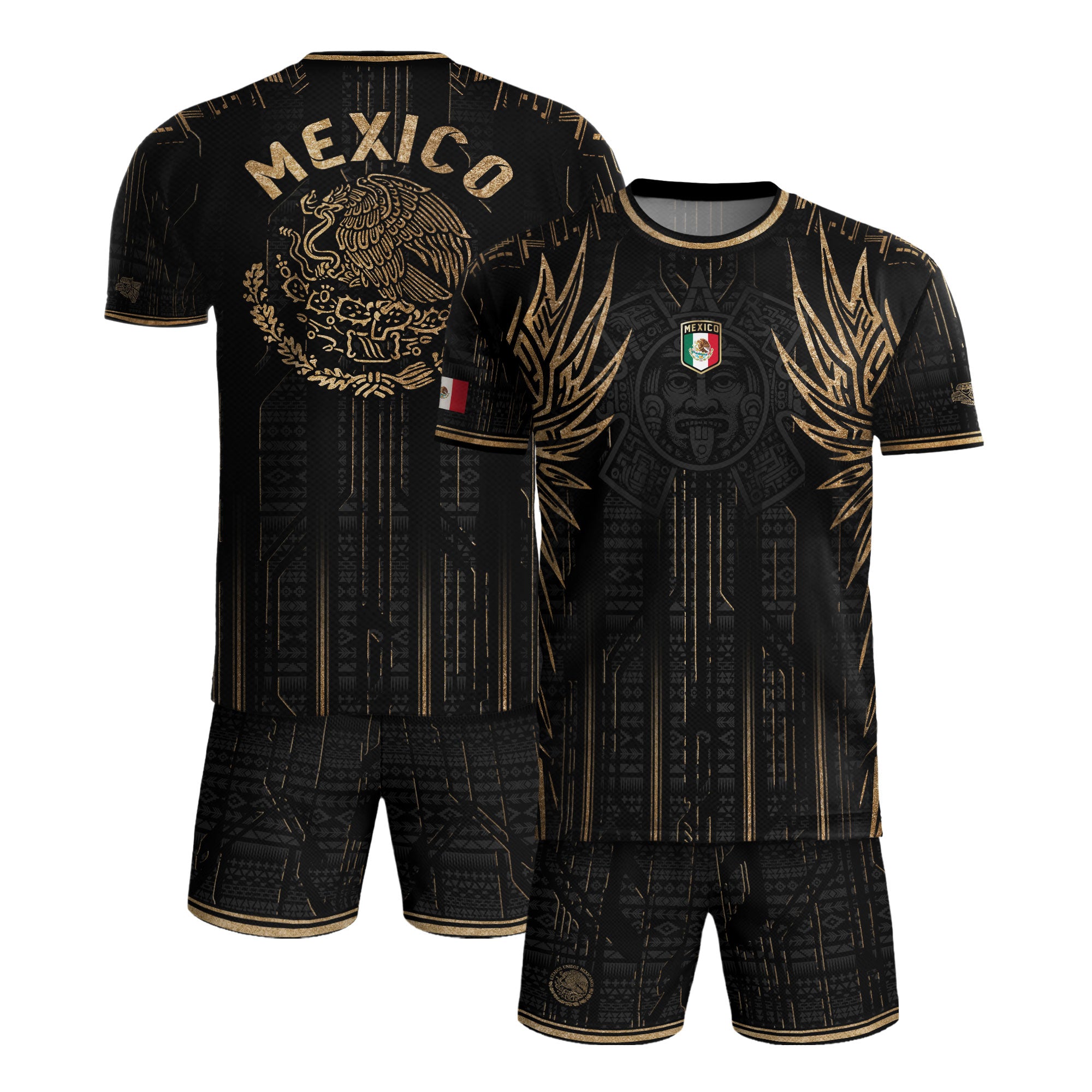 Mexico Soccer Jersey Black Aztec Warrior Gold Feather Design