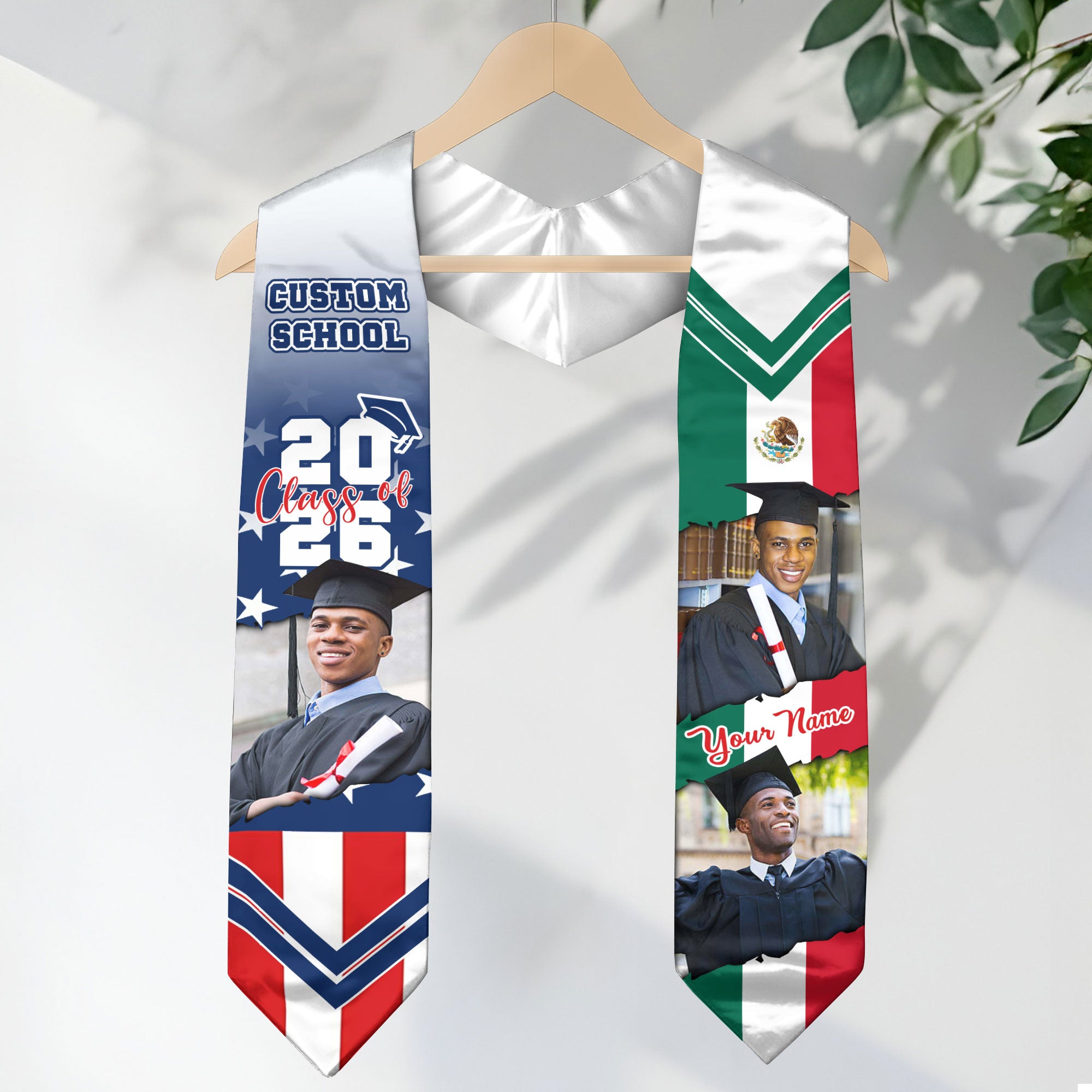 Custom Mexican Graduation Stole 2026 USA Flag Mexico Flag Photo Class School