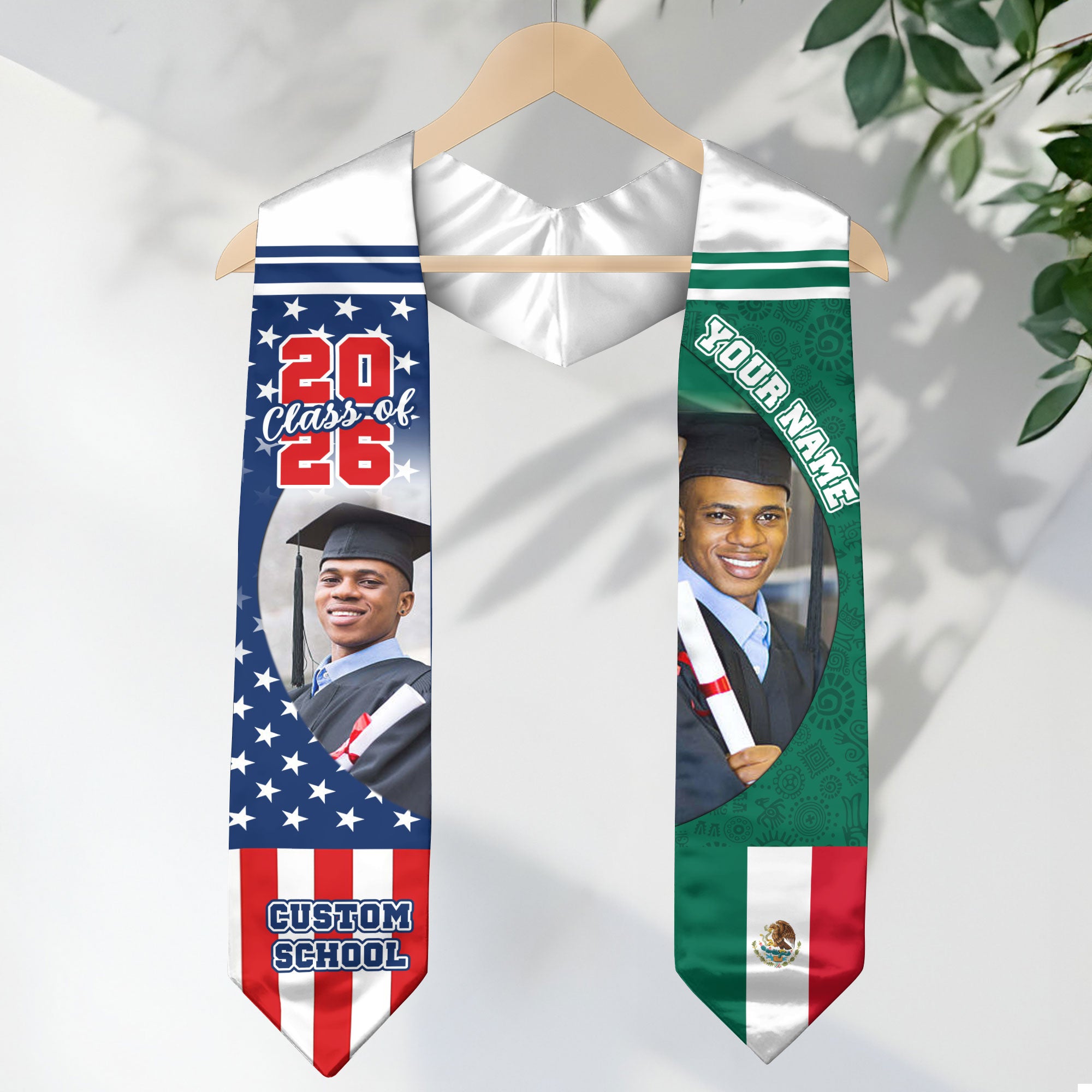 Custom Mexican Graduation Stole 2026 Mexico Flag USA Stars Photo Name School