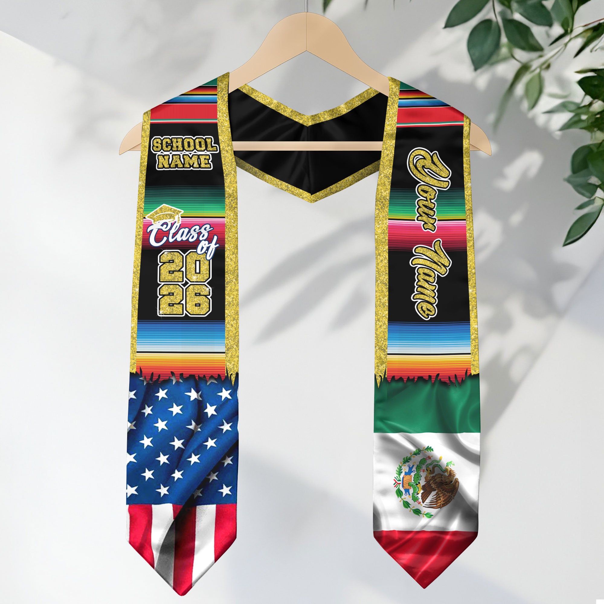 Custom Mexican Graduation Stole 2026 USA Mexico Flag Serape Gold Trim Sash