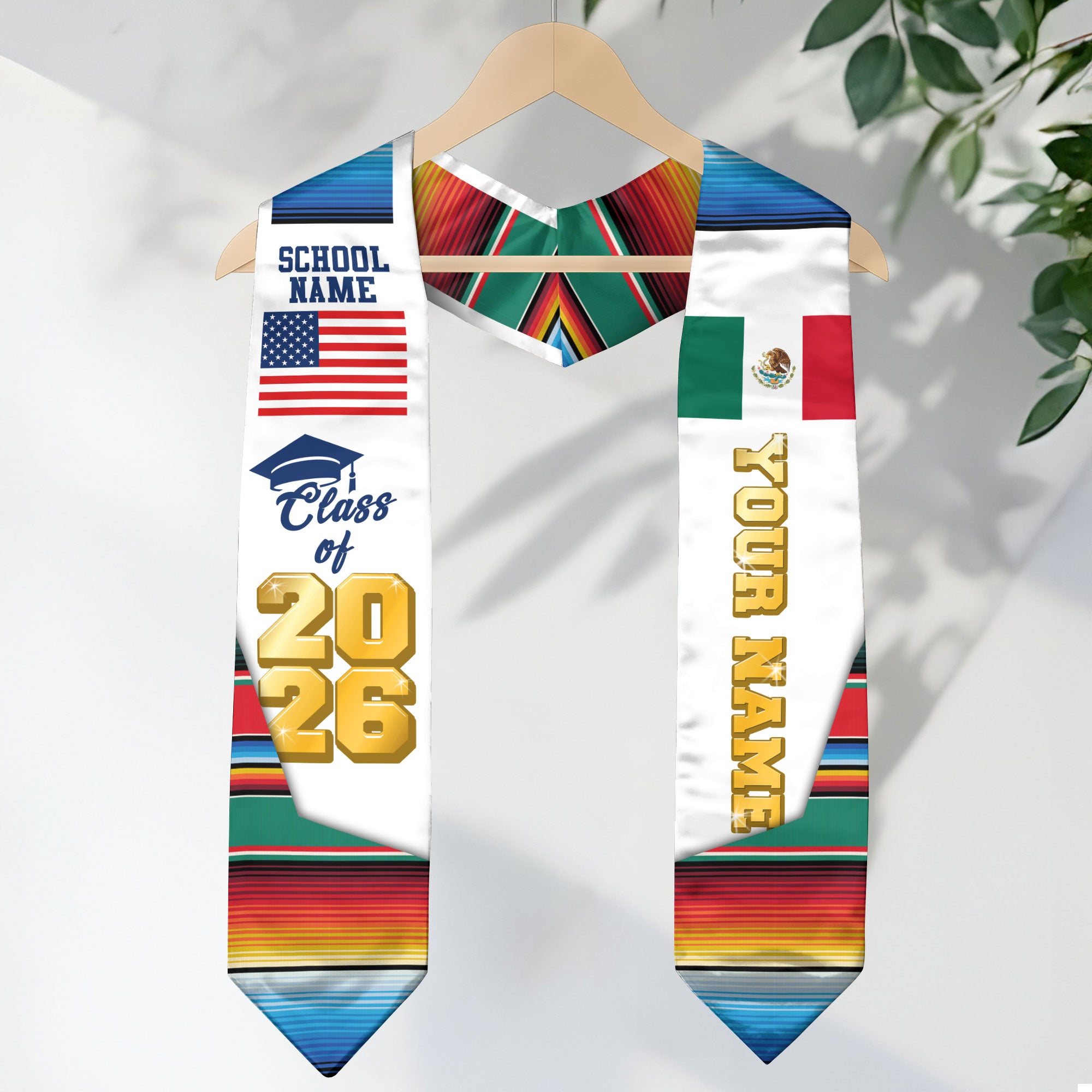 Custom Mexican Graduation Stole 2026 Aztec Pattern USA Mexico Flag Sash