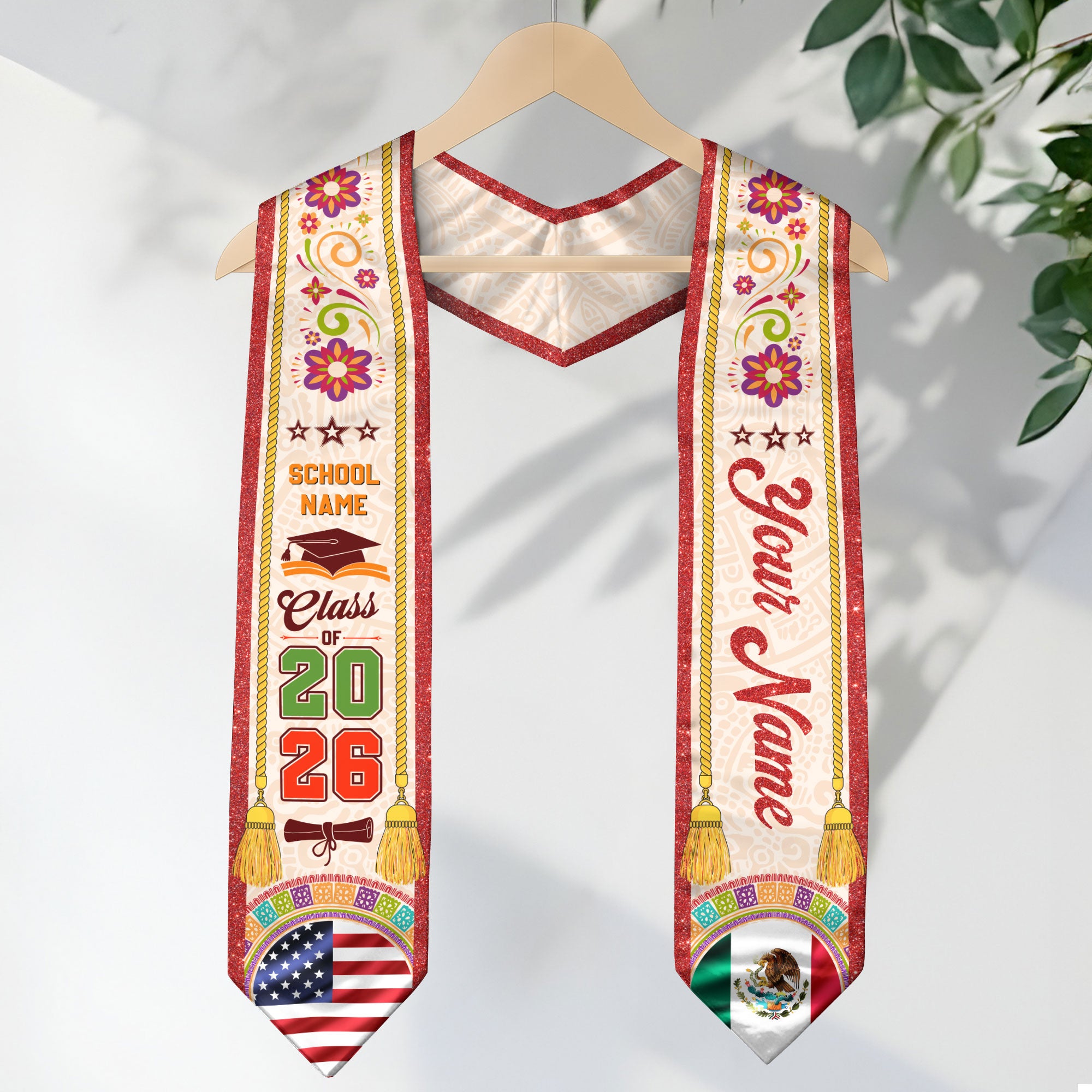 Customizable Mexico Graduation Stole 2026, Mexican Stole, Mexican American Flag Sash