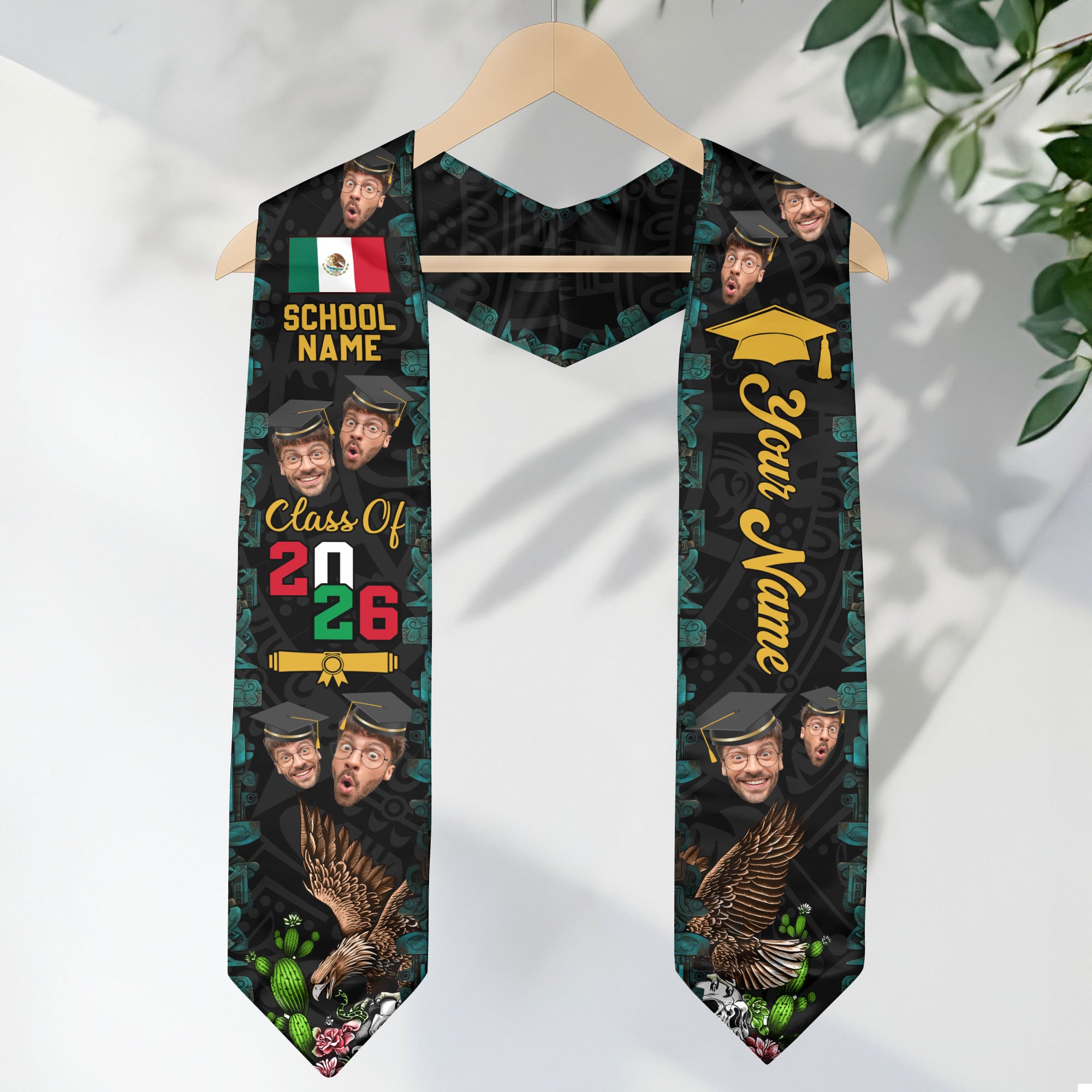 Custom Photo Graduation Stole Mexico Aztec 2026, Mexican Sash for Standout Graduate
