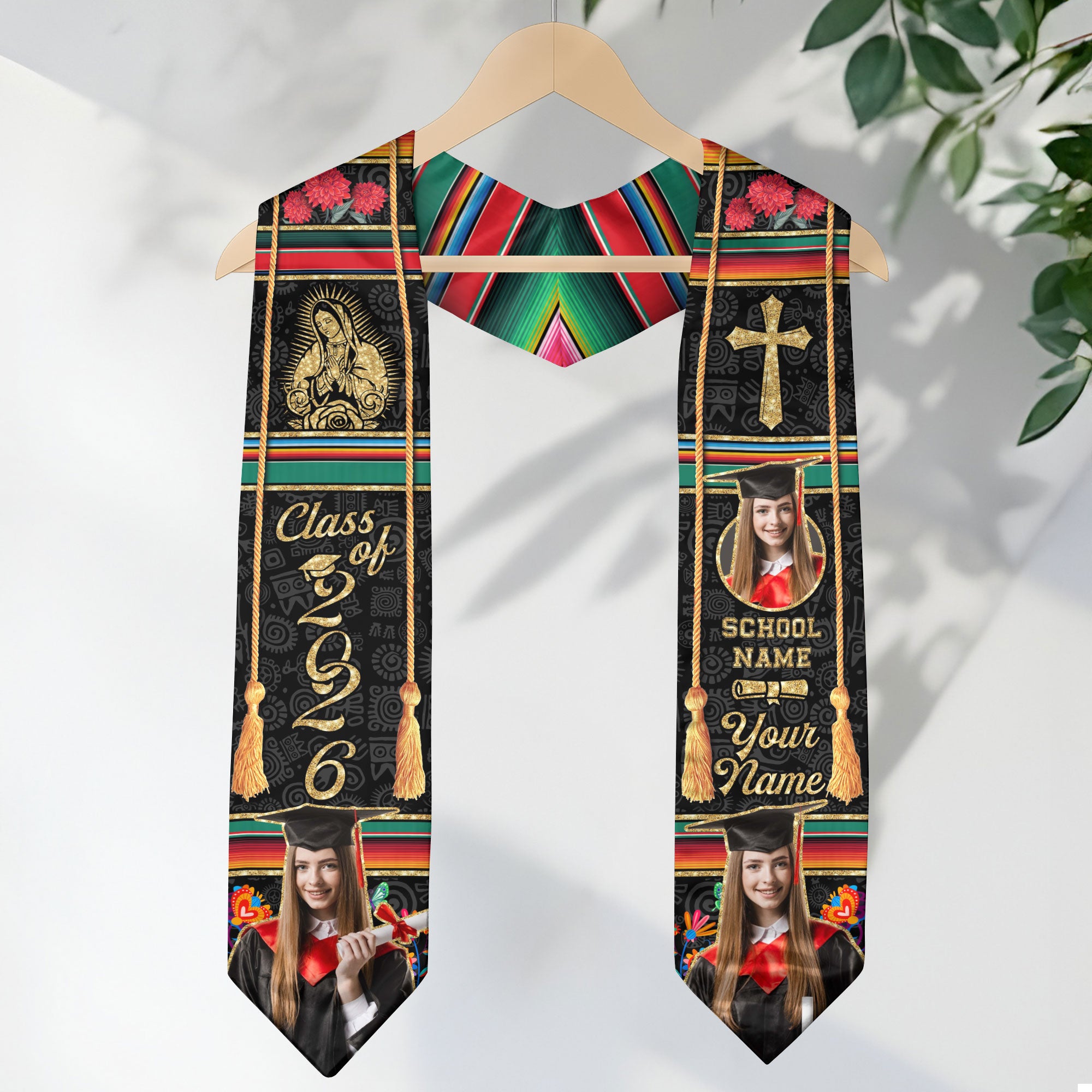 Custom Photo Mexican Graduation Stole 2026 Aztec Virgin Mary & Cross Graduation Sash Mexico