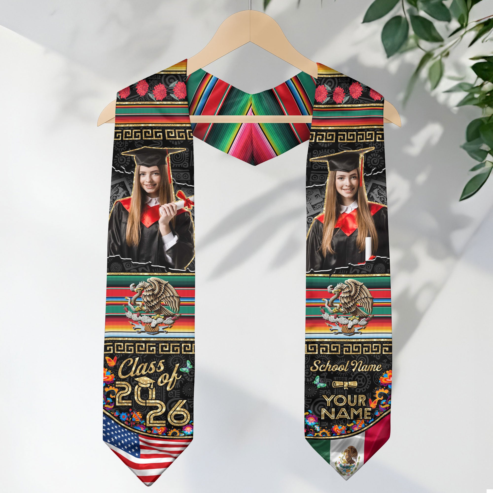 Custom Photo Mexican Graduation Stole 2026 Aztec Eagle & USA Flag Graduation Sash Mexican
