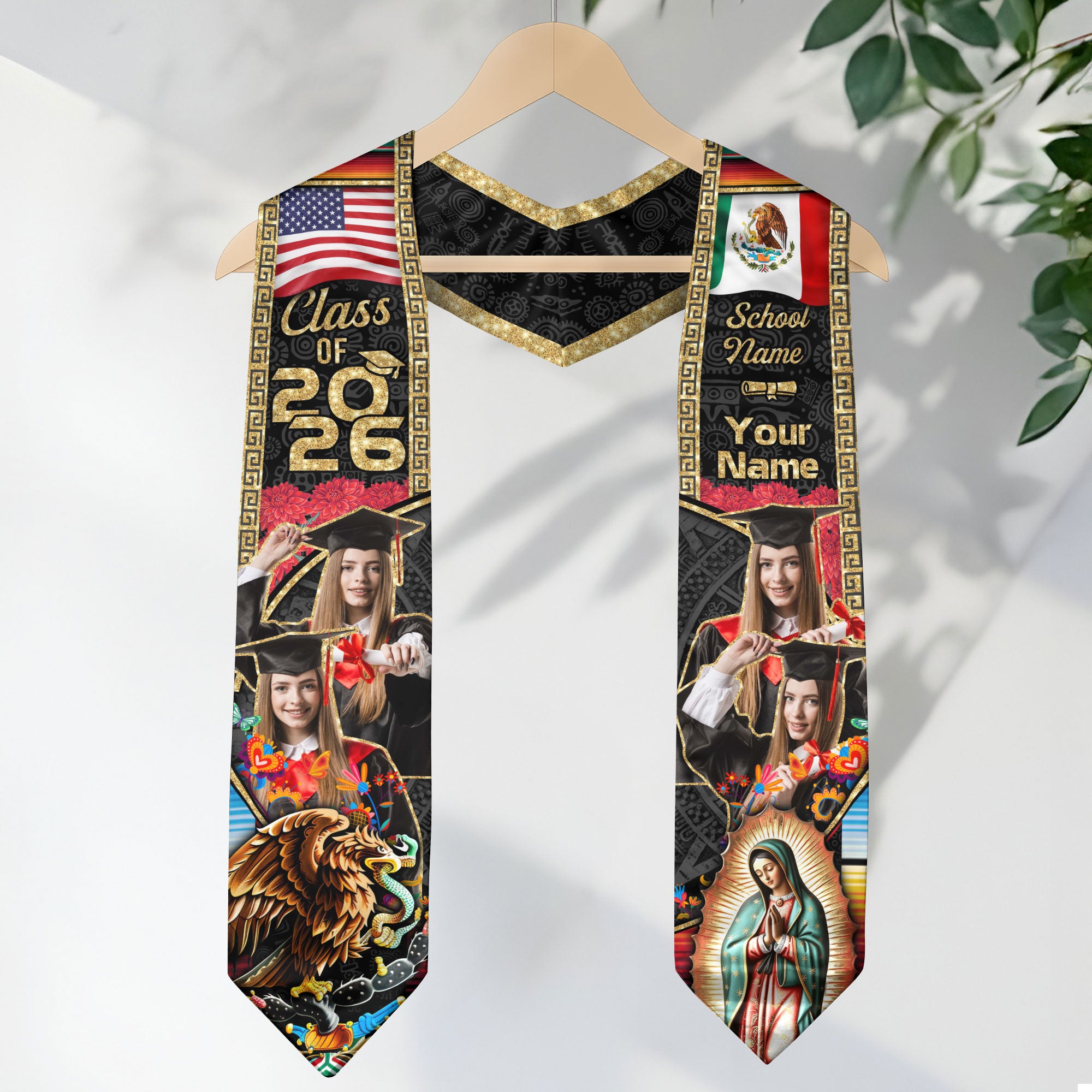 Custom Photo Mexican Stoles for Graduation 2026 Aztec Eagle & Virgin Mary USA Flag Sash