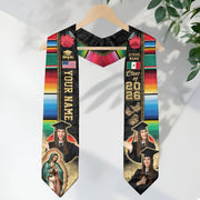 Graduation Stole Mexican with Aztec Patterns Serape USA & Mexico Flag Custom Photo Sash 2026
