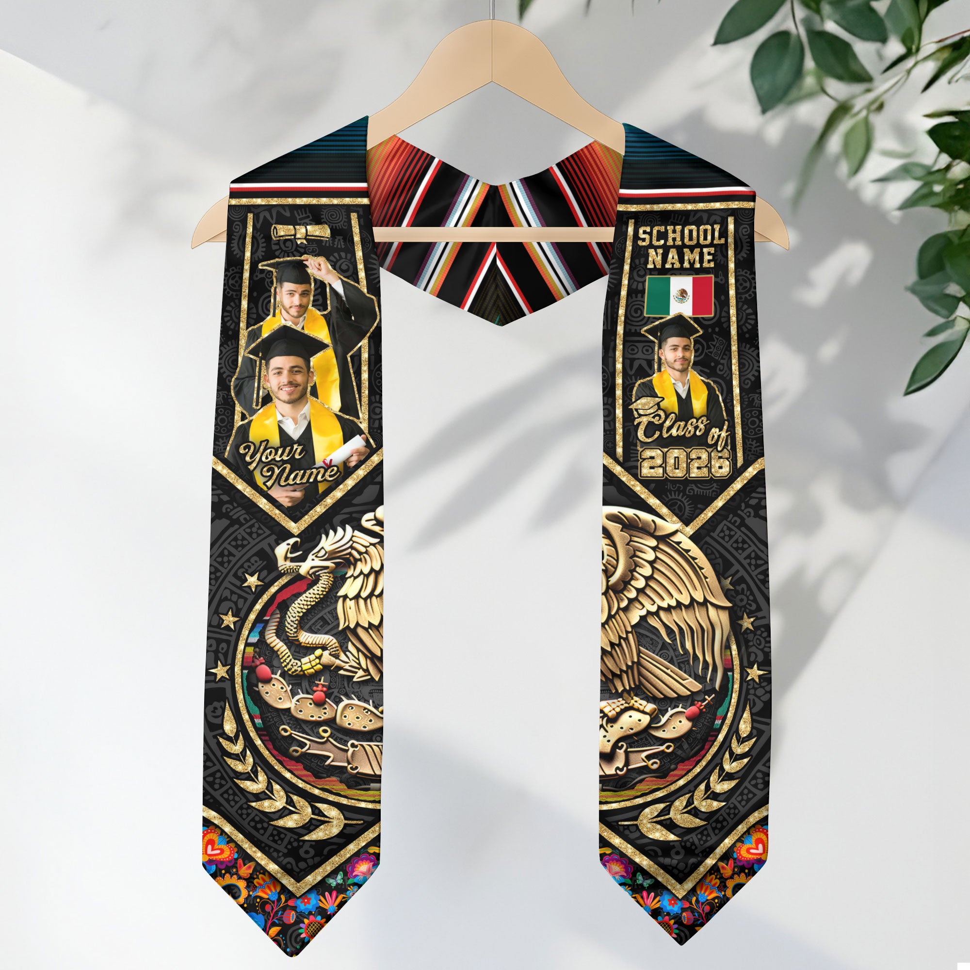 Custom Photo Mexican Graduation Stole 2026 Aztec Eagle Gold Serape Graduation Sash Mexico