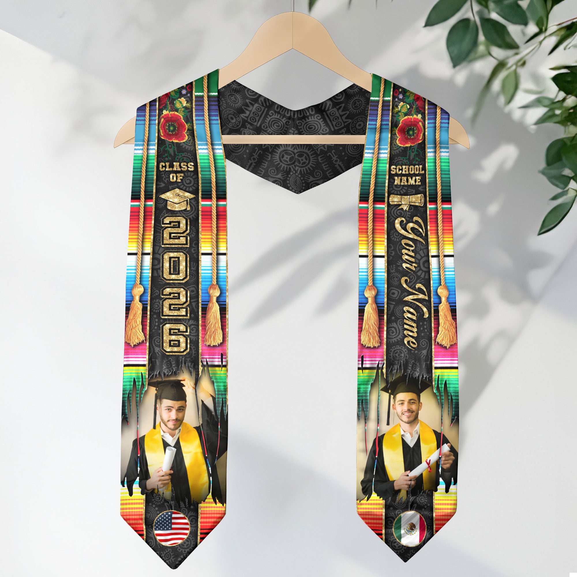 Custom Photo Mexican Graduation Stole 2026 Aztec Serape Rose USA Mexico Flag Sash