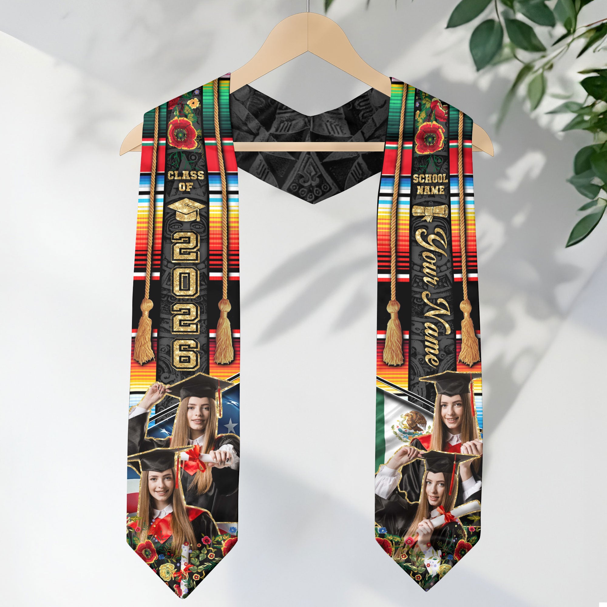 Custom Mexican Graduation Sash 2026 Aztec Patterns Serape Rose USA Mexico Flag Photo