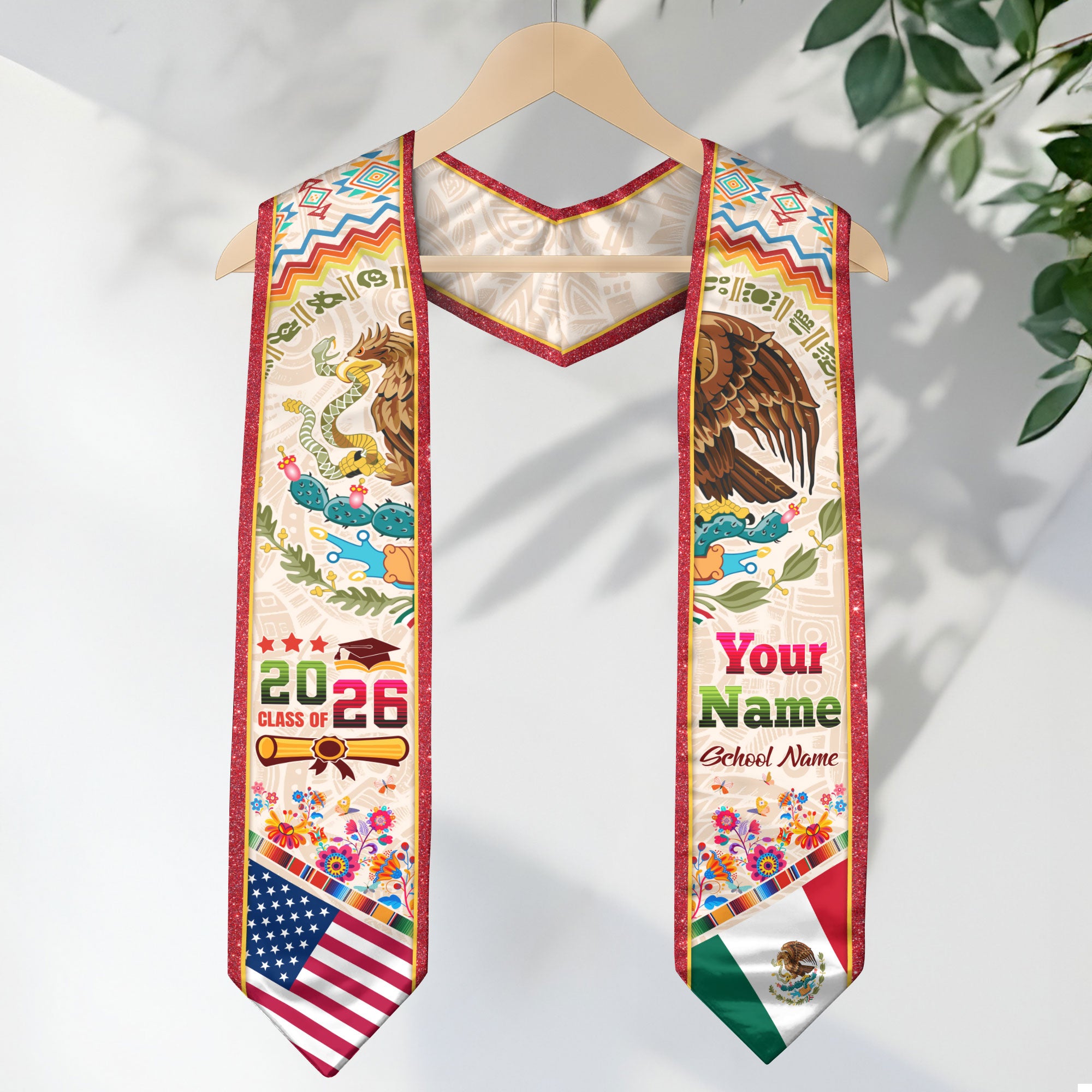 Personalized 2026 Graduation Stole – USA & Mexico Eagle Heritage Senior Sash with Serape Pattern Design