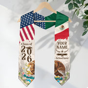 Custom Class of 2026 Graduation Stole – USA & Mexico Flag Senior Sash with Eagle Crest Design