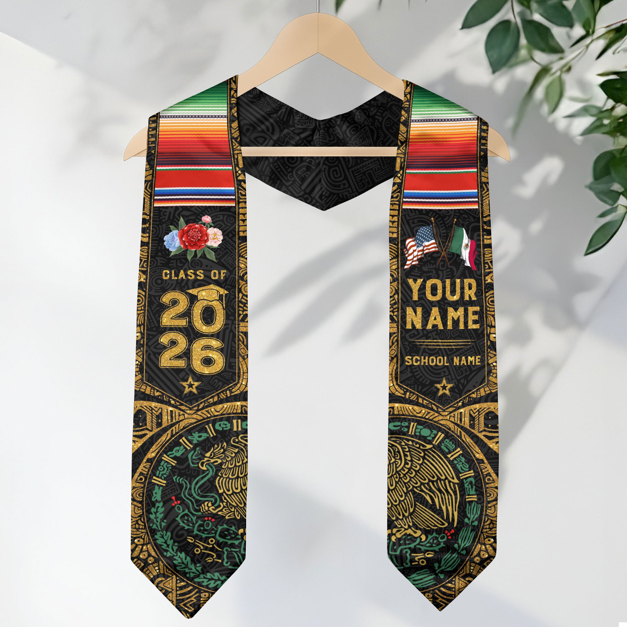 Personalized Class of 2026 Graduation Stole – Black & Gold USA Mexico Heritage Senior Sash with Serape Accent