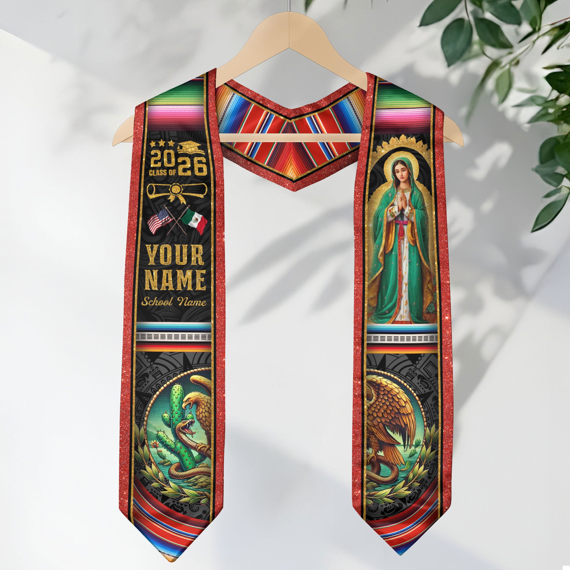 Virgen de Guadalupe 2026 Graduation Stole – Custom USA & Mexico Senior Sash with Eagle Emblem & Serape Detail