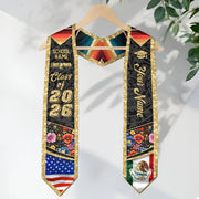 Custom Class of 2026 Graduation Stole – Personalized USA & Mexico Flag Senior Sash with Floral Gold Design