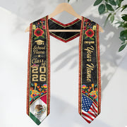 Personalized 2026 Graduation Stole – Mexican & American Heritage Senior Sash with Red Floral Gold Detail
