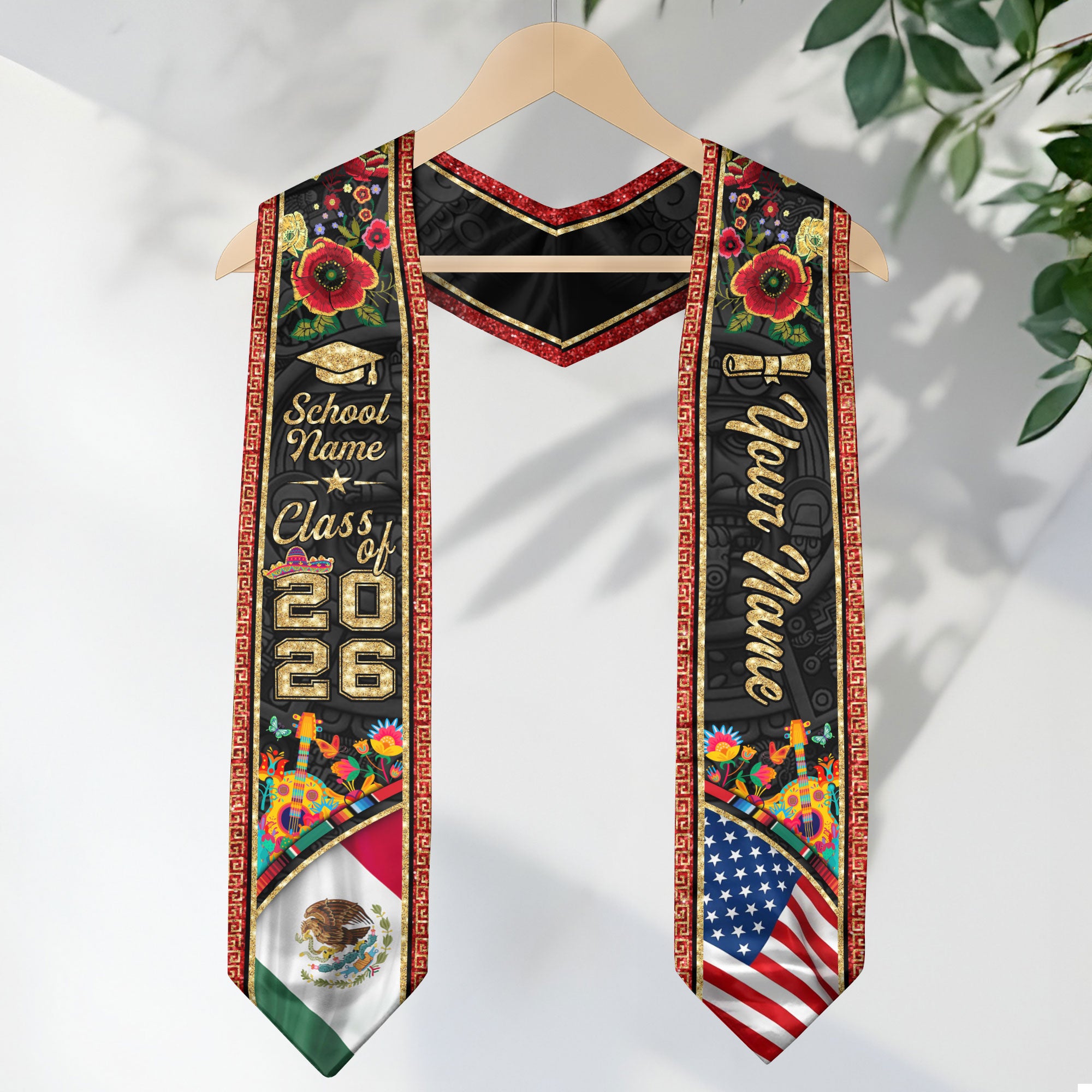 Personalized 2026 Graduation Stole – Mexican & American Heritage Senior Sash with Red Floral Gold Detail