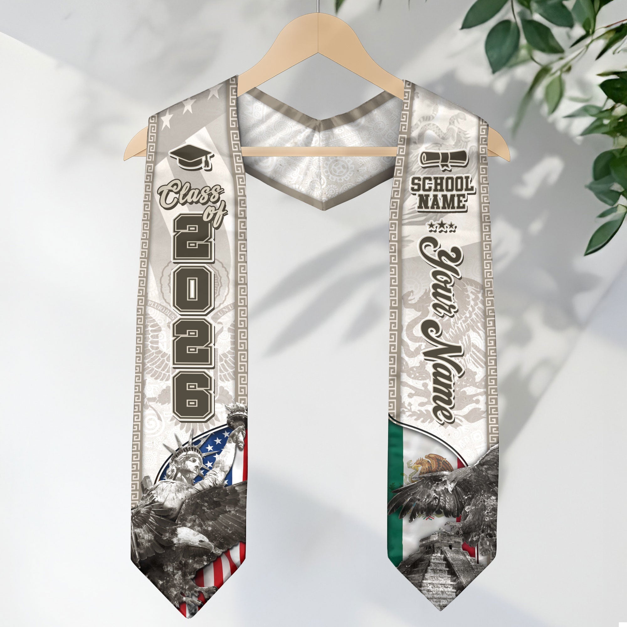Class of 2026 Silver Graduation Stole – USA & Mexico Pride Senior Sash with Eagle & Statue Design