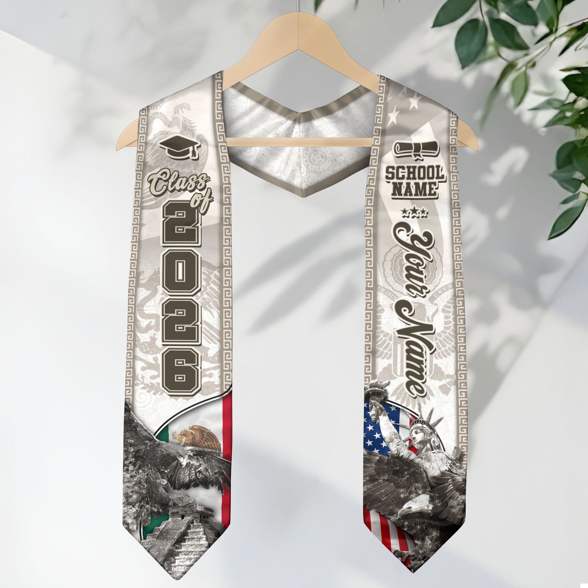 Class of 2026 Silver Graduation Stole – USA & Mexico Pride Senior Sash with Eagle & Statue Design