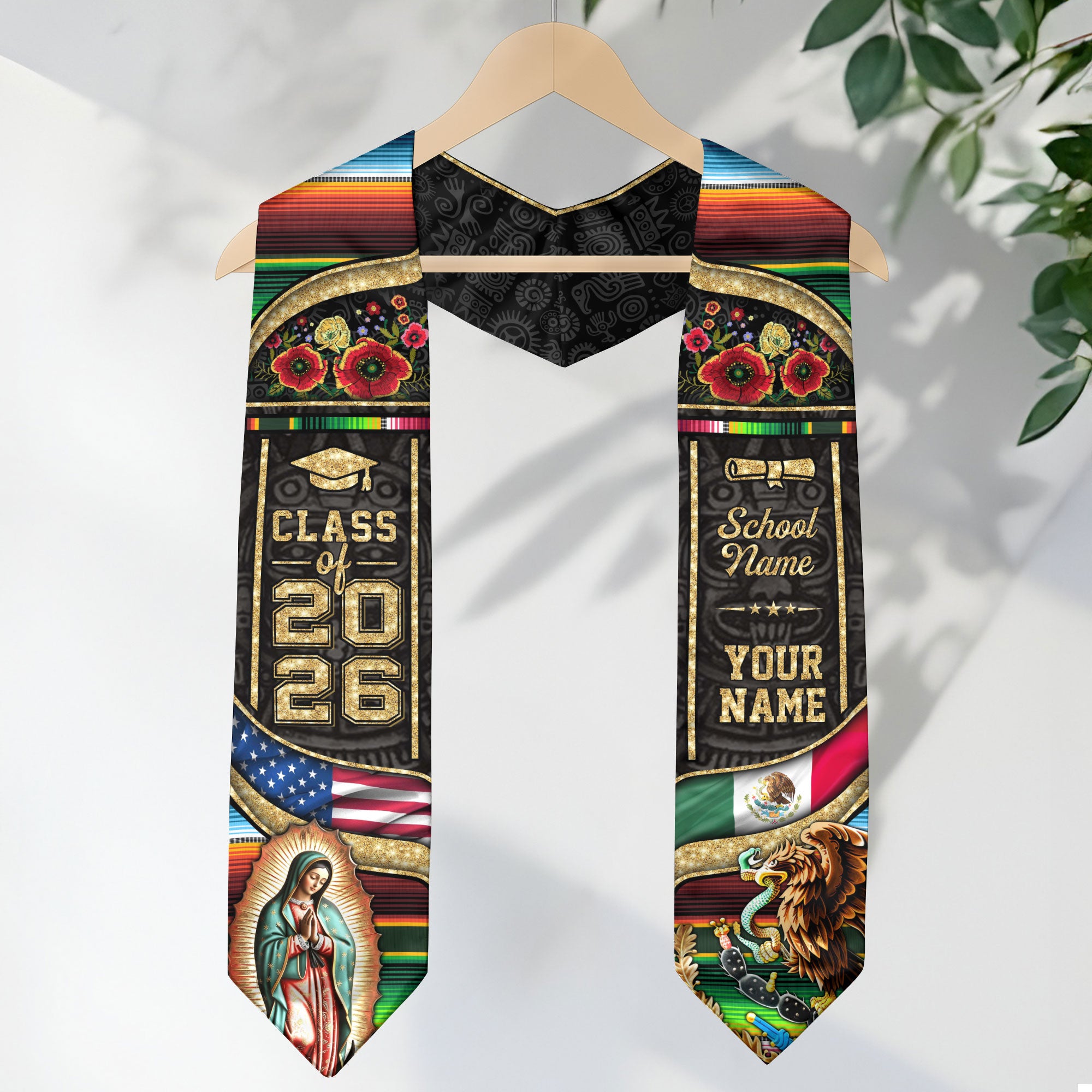 Virgen de Guadalupe 2026 Graduation Stole – Personalized USA & Mexico Heritage Senior Sash with Eagle & Serape Design