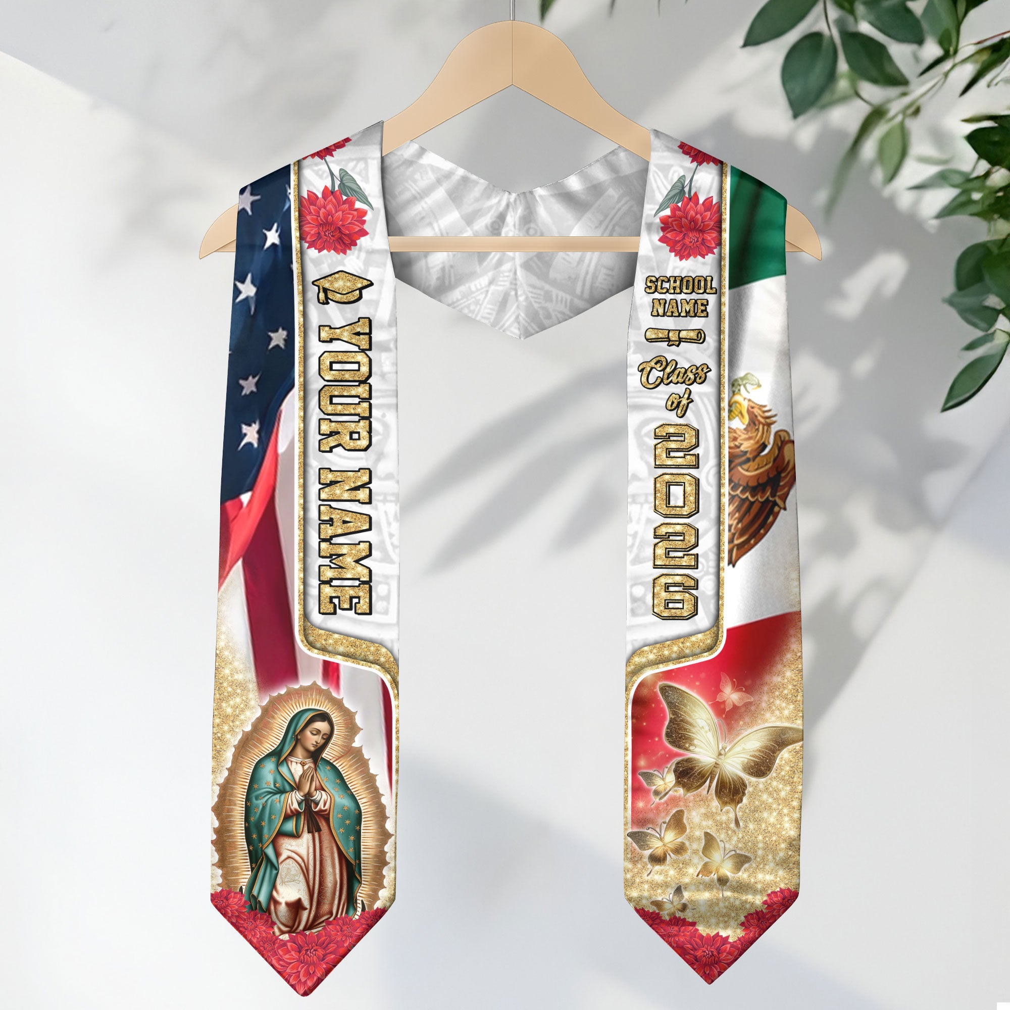 Custom Class of 2026 Graduation Stole – Virgen de Guadalupe USA & Mexico Senior Sash with Gold Butterfly Design