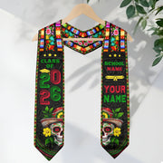 Custom Class of 2026 Graduation Stole – Mexican Serape & Sugar Skull Design, Personalized School and Name Sash