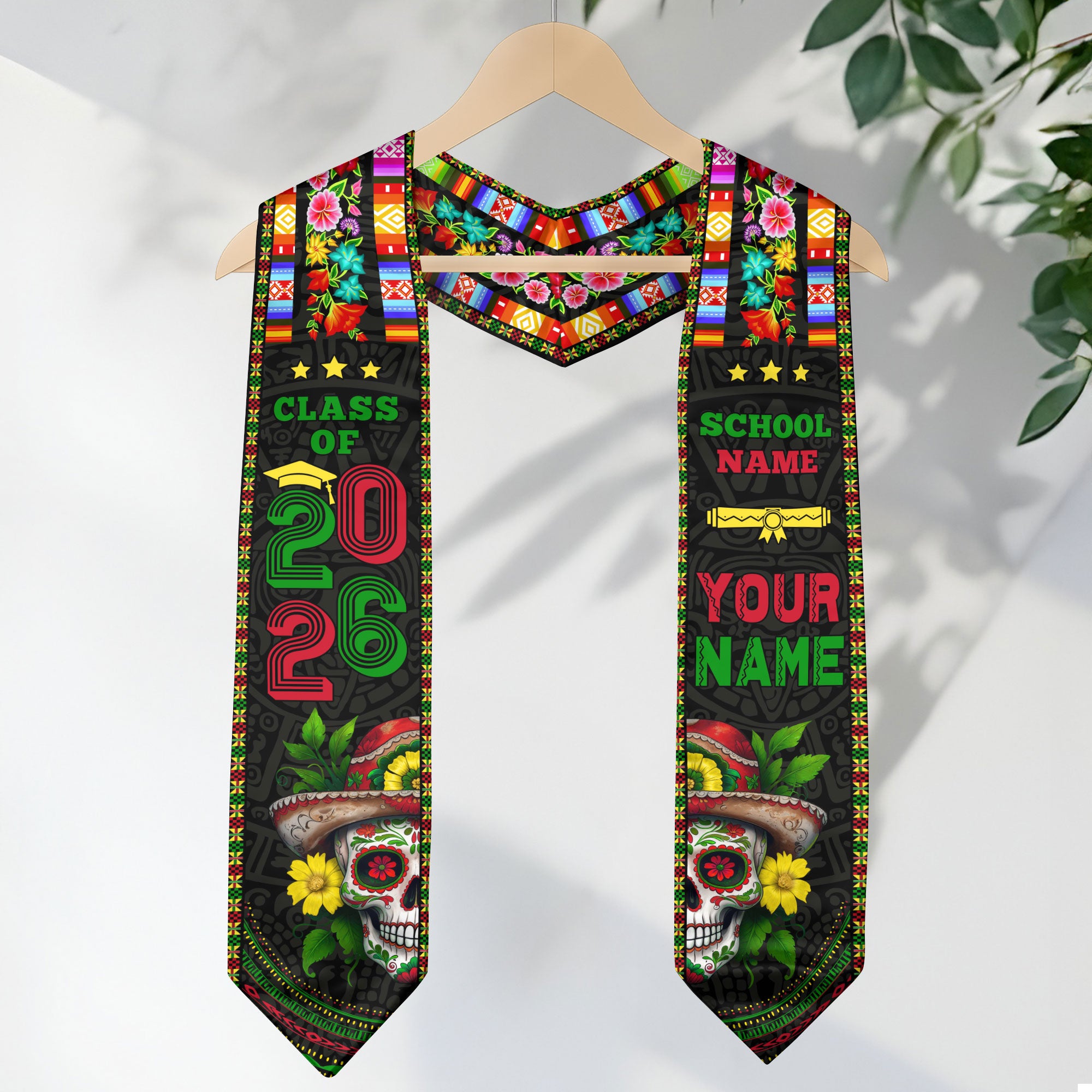 Custom Class of 2026 Graduation Stole – Mexican Serape & Sugar Skull Design, Personalized School and Name Sash